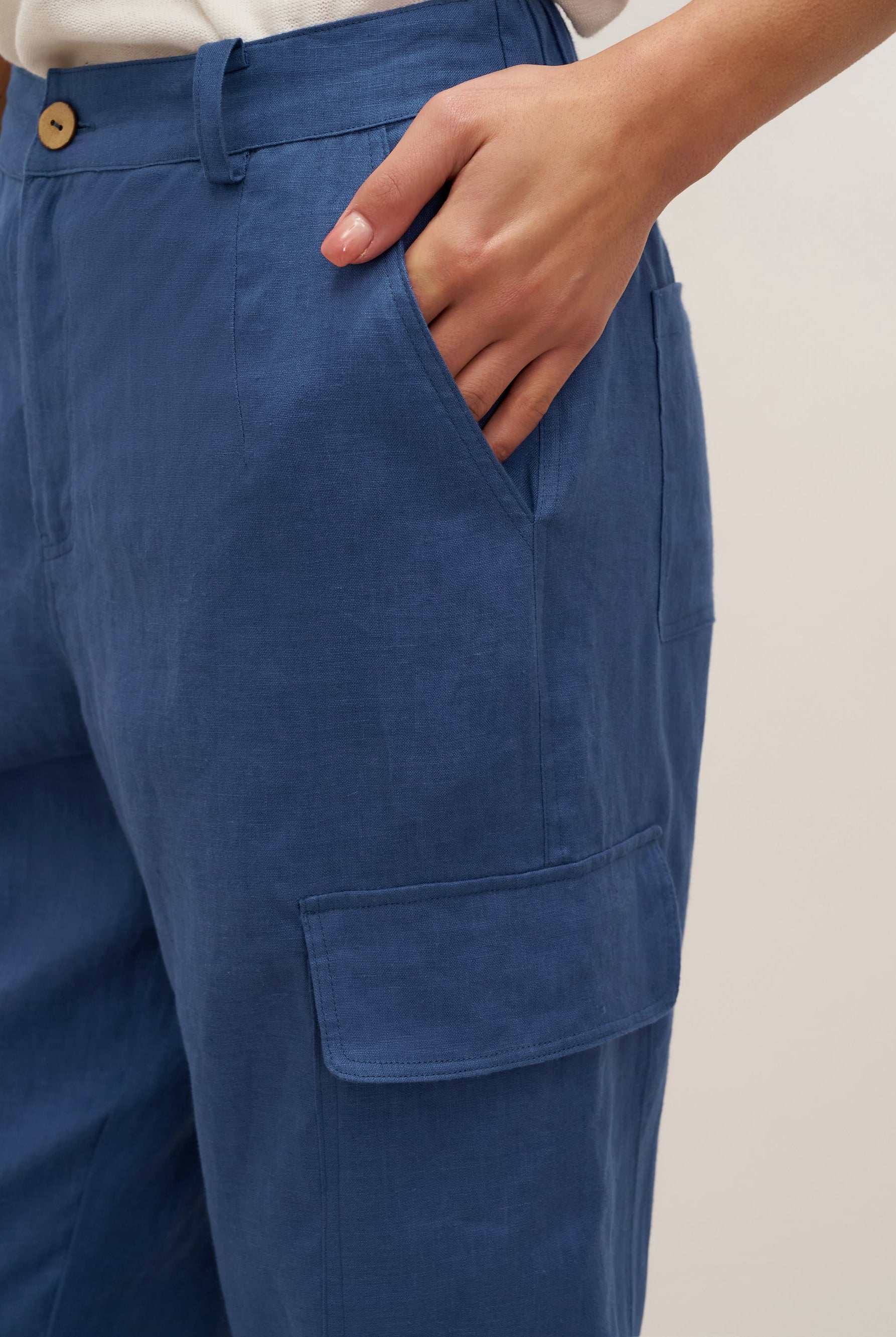 100% Linen Cargo Tapered Trousers with Patch Pockets JESSE - BOTTOMS-Linen Pants