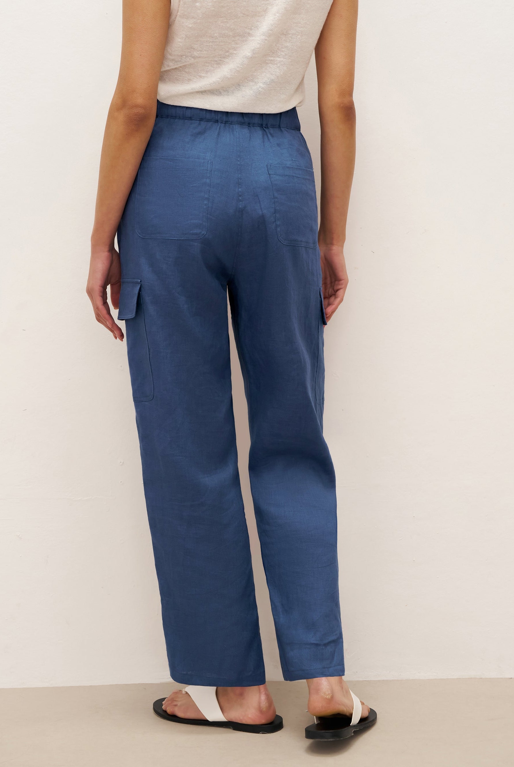 100% Linen Cargo Tapered Trousers with Patch Pockets JESSE - BOTTOMS-Linen Pants