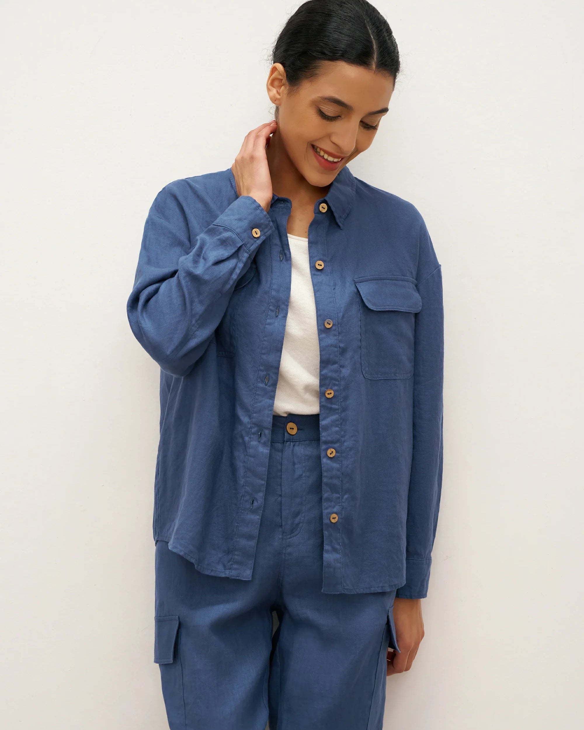 100% Linen Flap-Patch Buttoned Closure Shirt Jacket JANE - TOPS-Linen Blouses