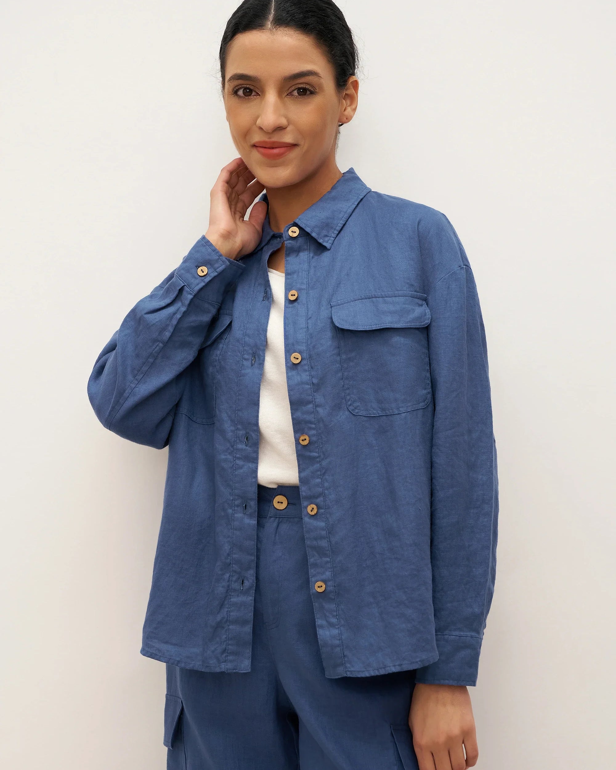 100% Linen Flap-Patch Buttoned Closure Shirt Jacket JANE - TOPS-Linen Blouses