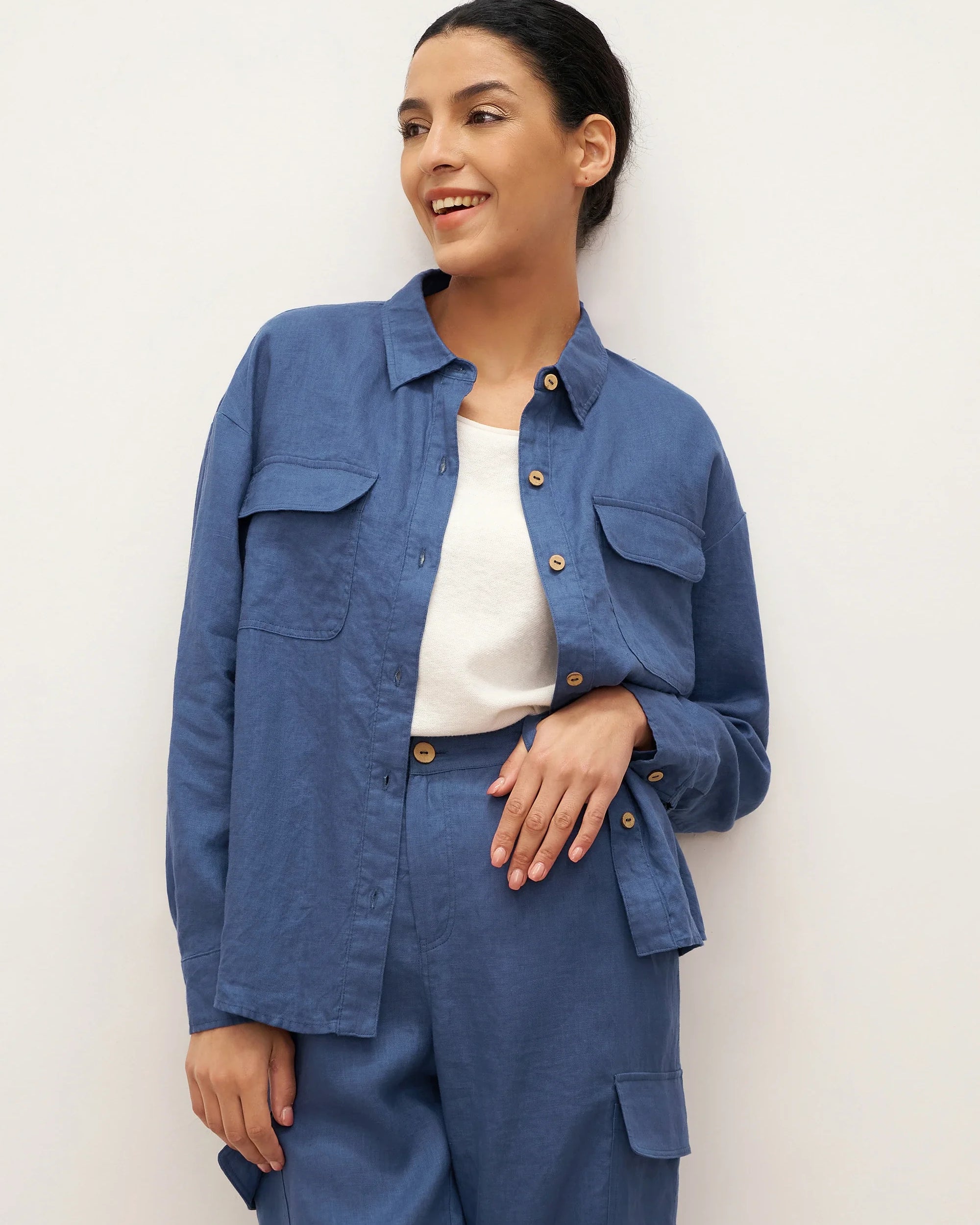 100% Linen Flap-Patch Buttoned Closure Shirt Jacket JANE - Nautical Blue / S - TOPS-Linen Blouses