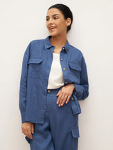100% Linen Flap-Patch Buttoned Closure Shirt Jacket JANE - Nautical Blue / S - TOPS-Linen Blouses