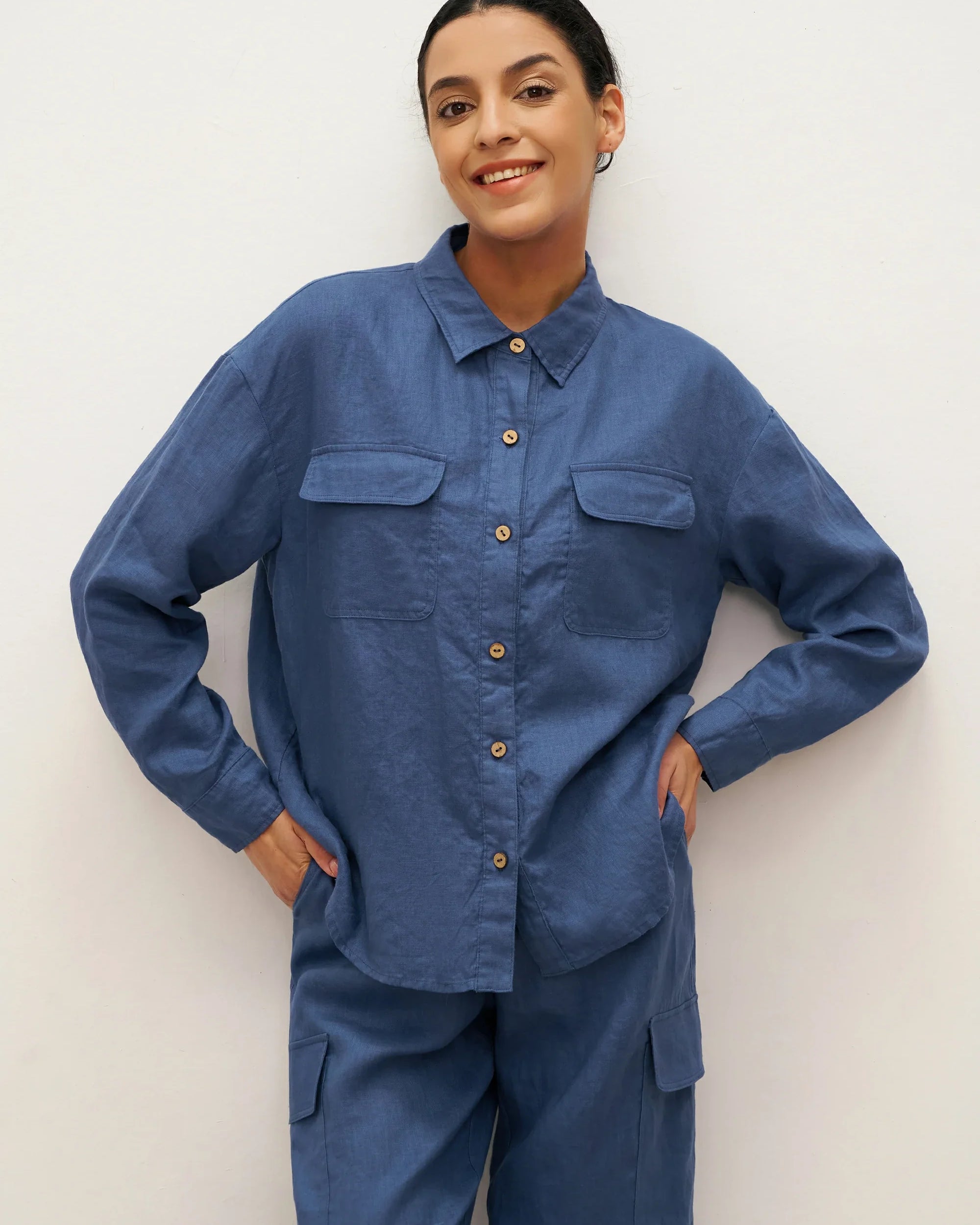 100% Linen Flap-Patch Buttoned Closure Shirt Jacket JANE - TOPS-Linen Blouses