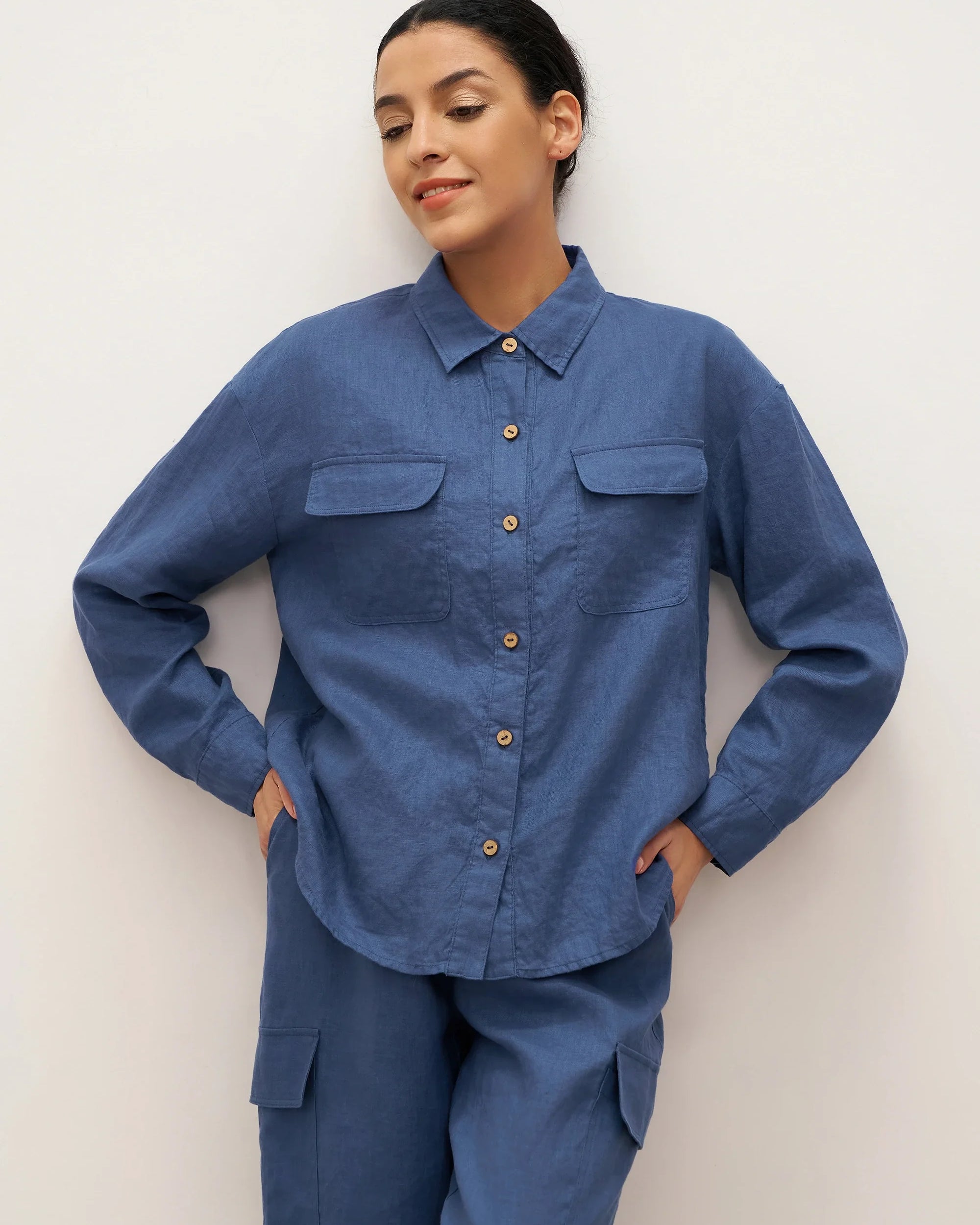 100% Linen Flap-Patch Buttoned Closure Shirt Jacket JANE - TOPS-Linen Blouses