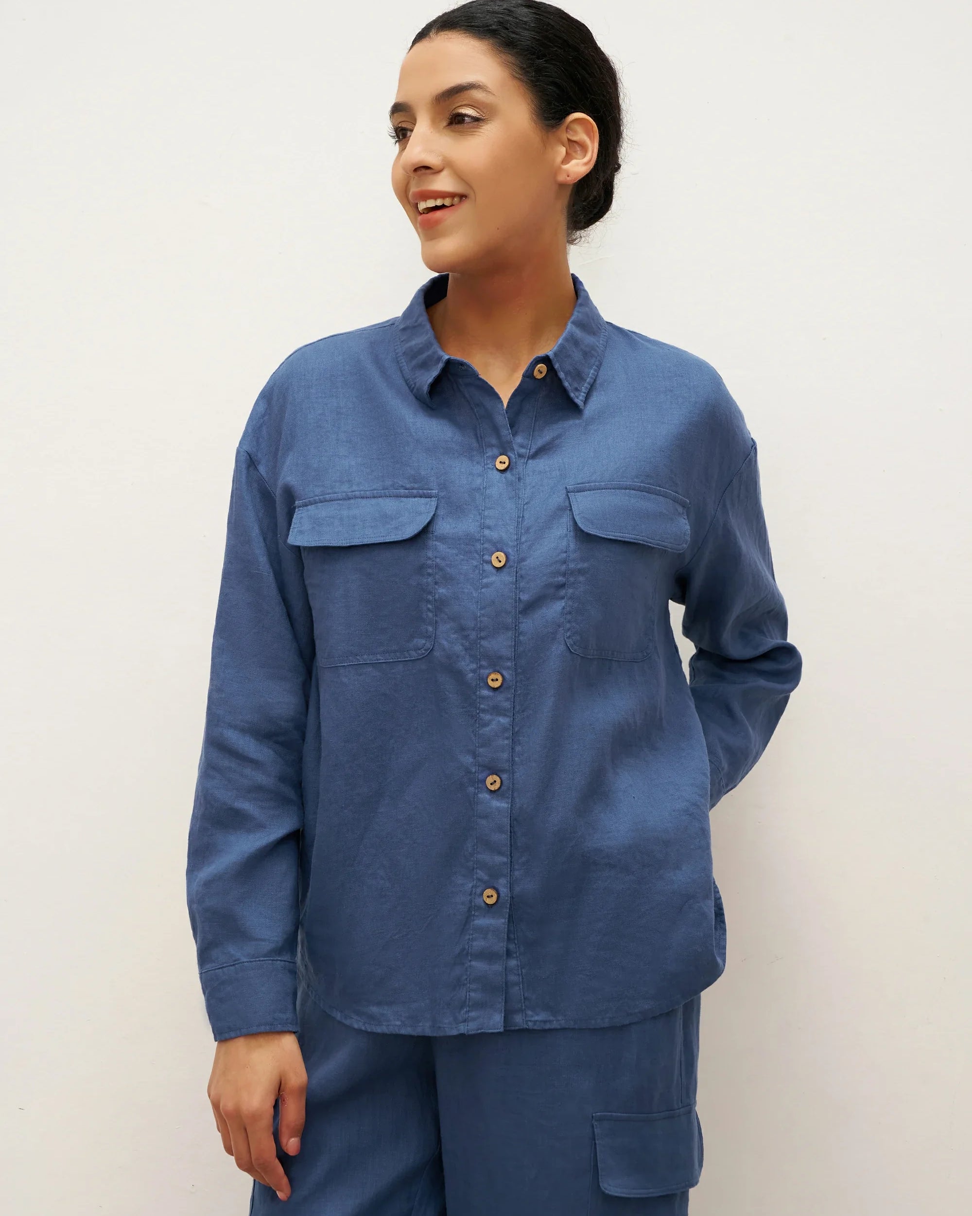 100% Linen Flap-Patch Buttoned Closure Shirt Jacket JANE - TOPS-Linen Blouses