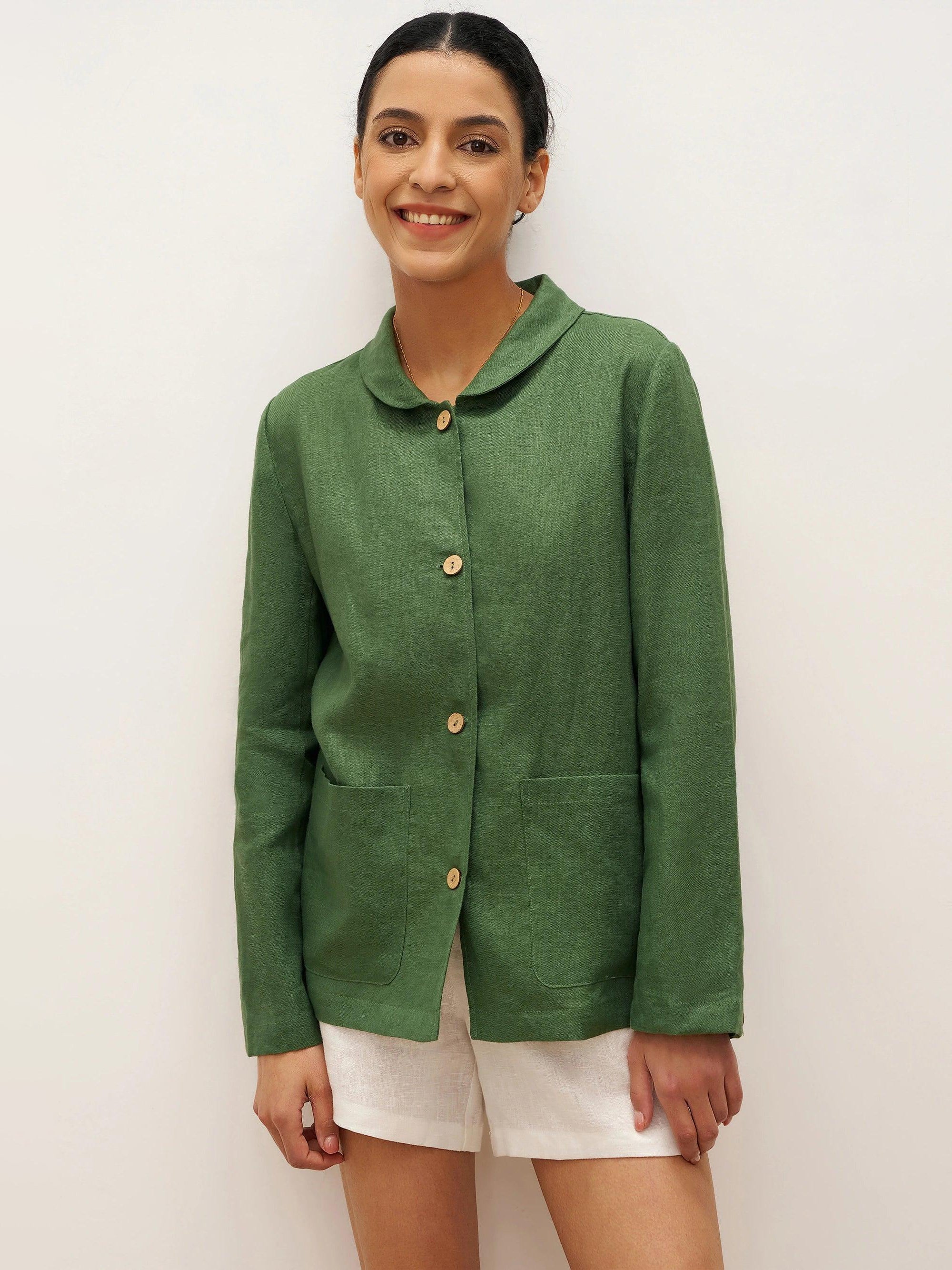 100% Linen Peter Pan Collar Patch Pocket Shirt Jacket LYDIA - TOPS-Linen Jackets