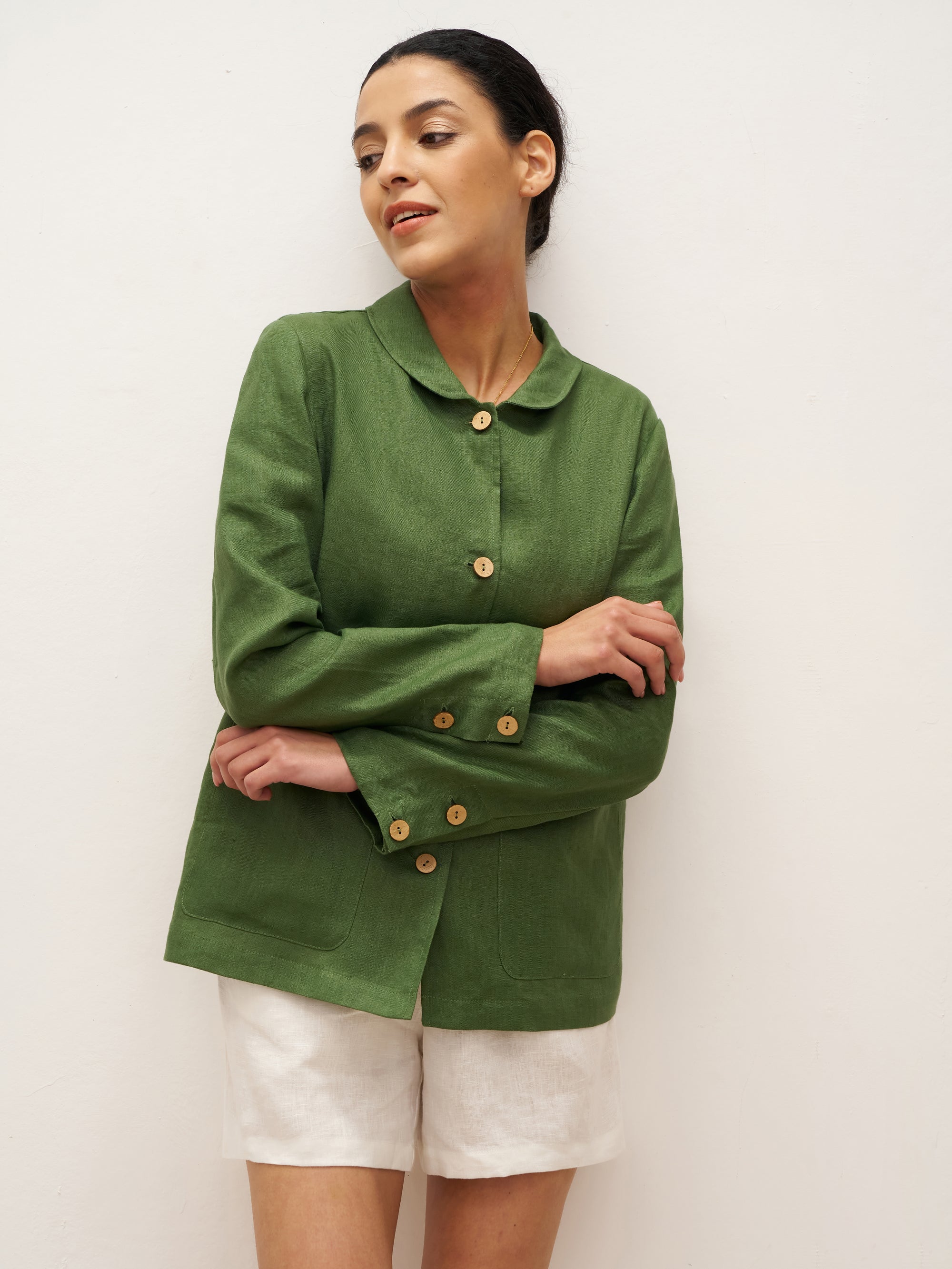 100% Linen Peter Pan Collar Patch Pocket Shirt Jacket LYDIA - TOPS-Linen Jackets