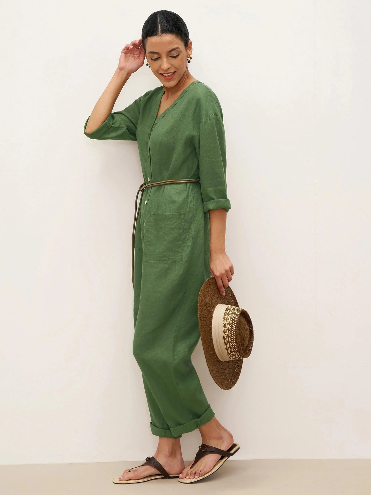 100% Linen Deep V-Neck Oversized Button-Front Jumpsuit LINDEN-with Belt - sets & jumpsuits