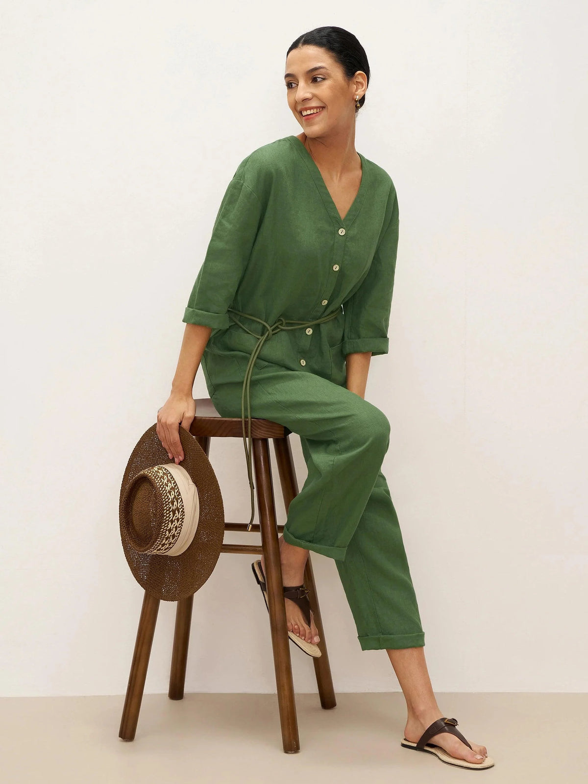 100% Linen Deep V-Neck Oversized Button-Front Jumpsuit LINDEN-with Belt - sets & jumpsuits