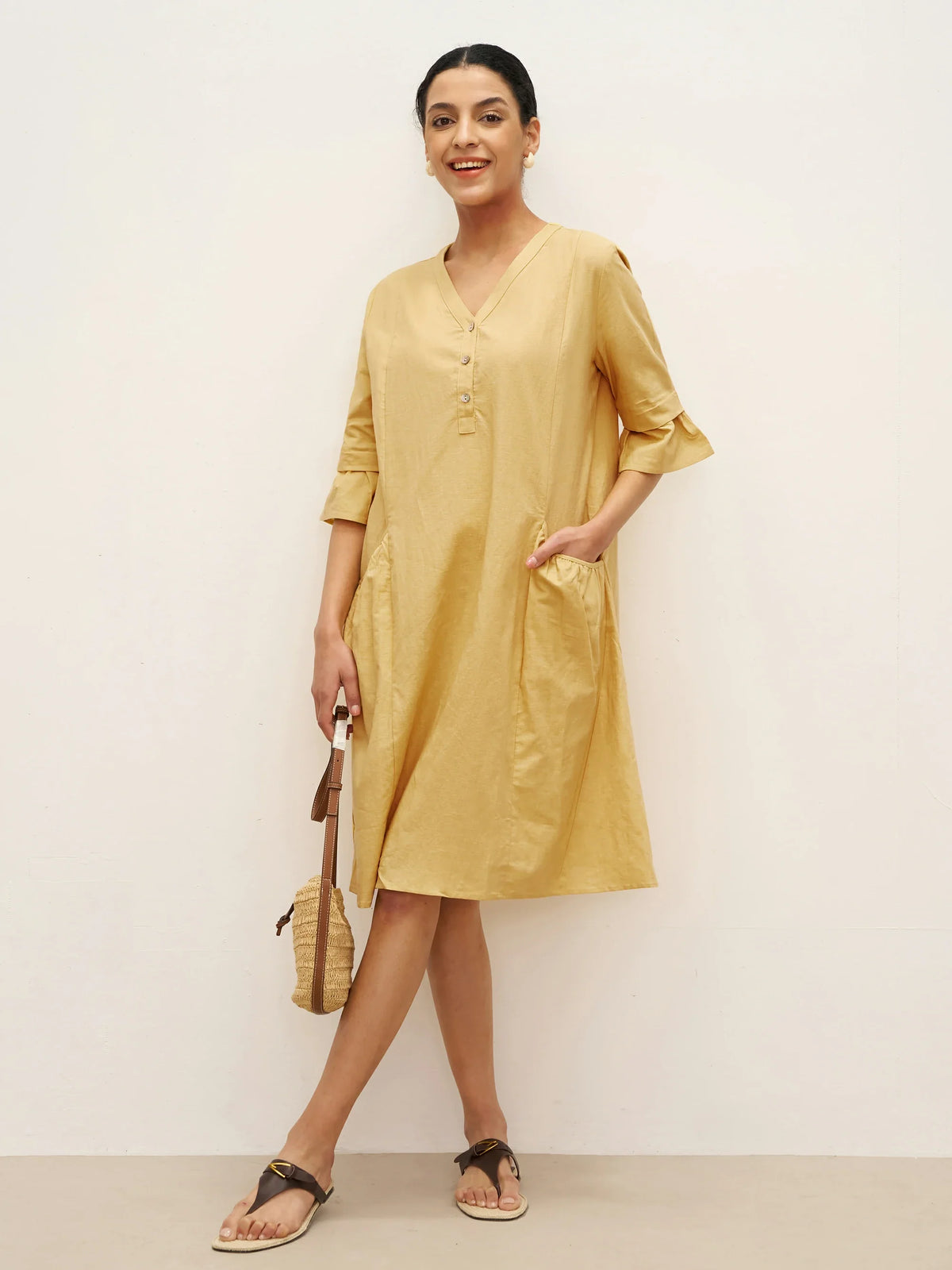 Linen V-Neck Button Detail Knee Length Dress - Pale Yellow / S - DRESSES-Linen Midi