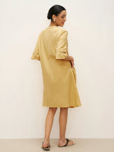 Linen V-Neck Button Detail Knee Length Dress - DRESSES-Linen Midi