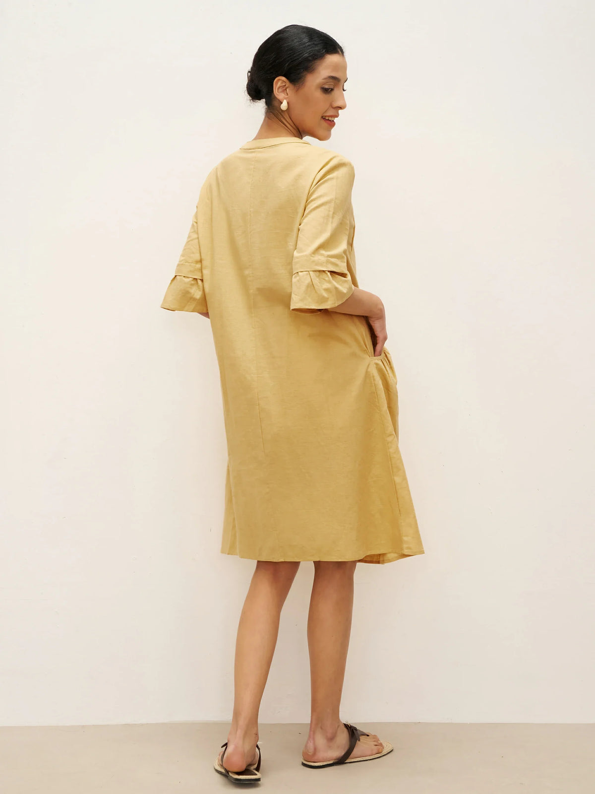 Linen V-Neck Button Detail Knee Length Dress - DRESSES-Linen Midi