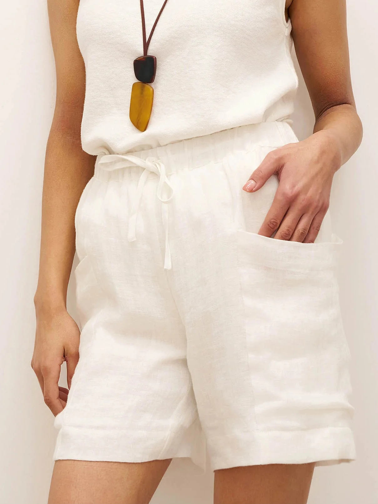 100% Linen Elastic Waist Drawstring Shorts with Pockets DELILAH - Optic White / S - BOTTOMS-Linen