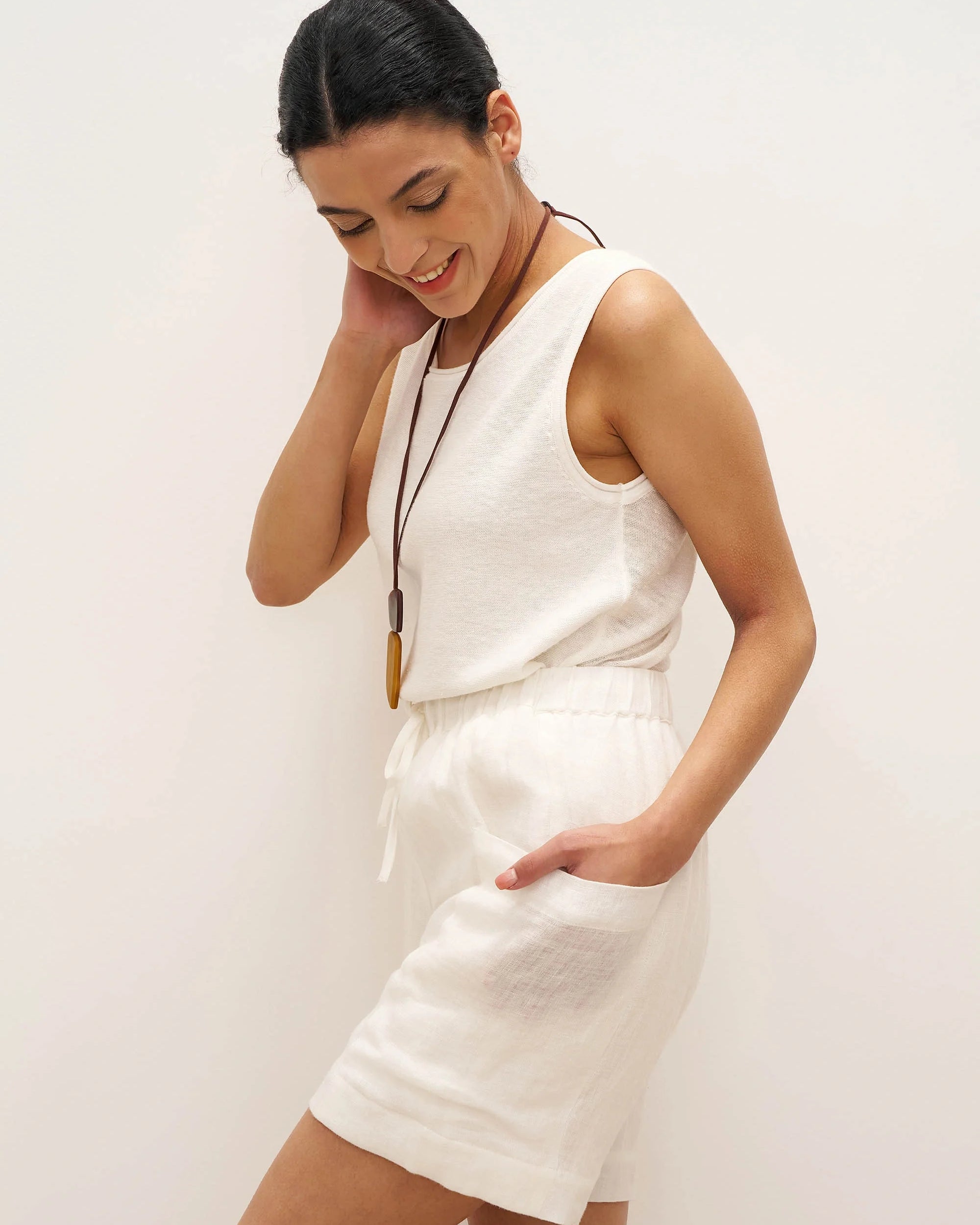100% Linen Elastic Waist Drawstring Shorts with Pockets DELILAH - BOTTOMS-Linen