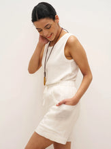 100% Linen Elastic Waist Drawstring Shorts with Pockets DELILAH - BOTTOMS-Linen