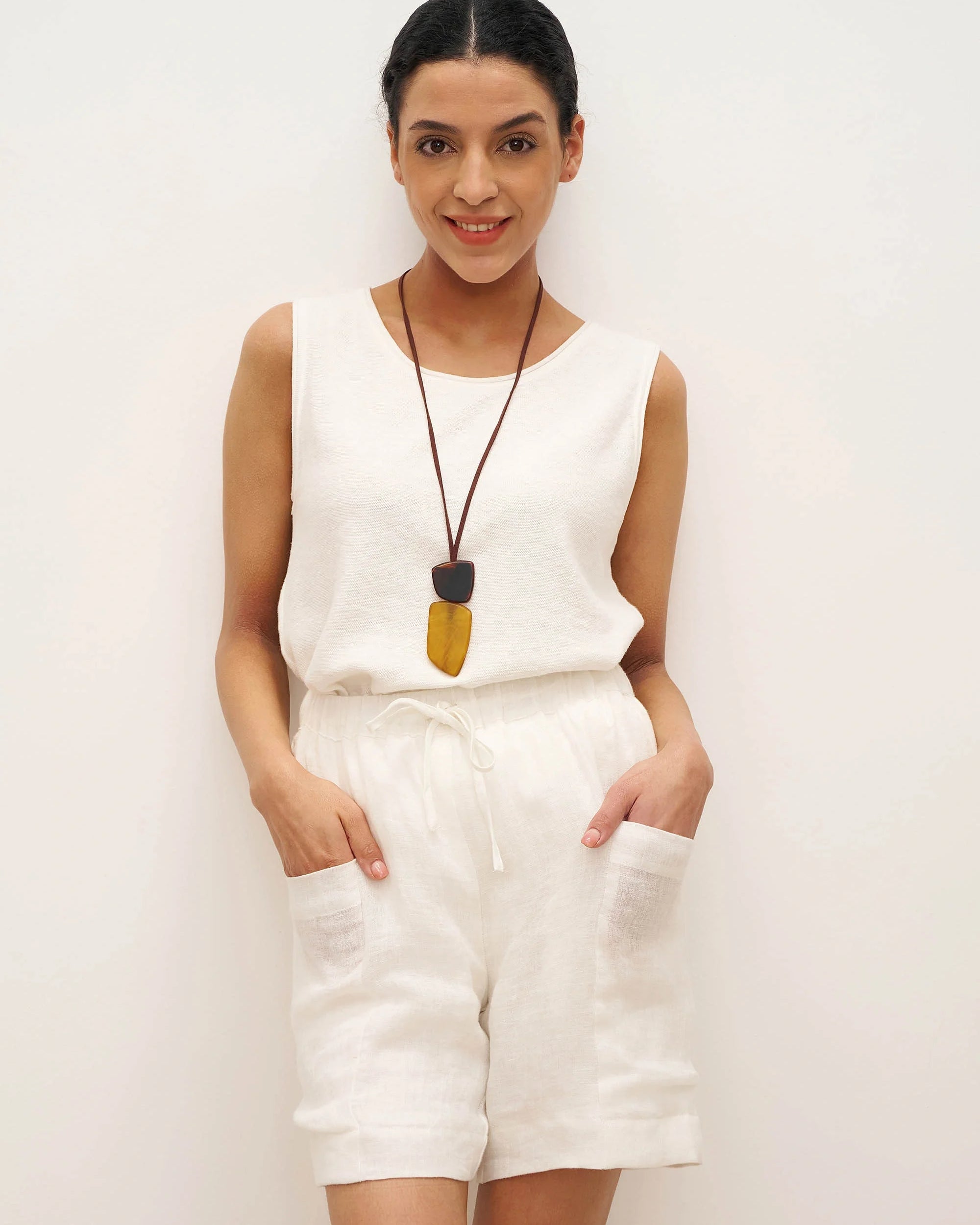 100% Linen Elastic Waist Drawstring Shorts with Pockets DELILAH - BOTTOMS-Linen