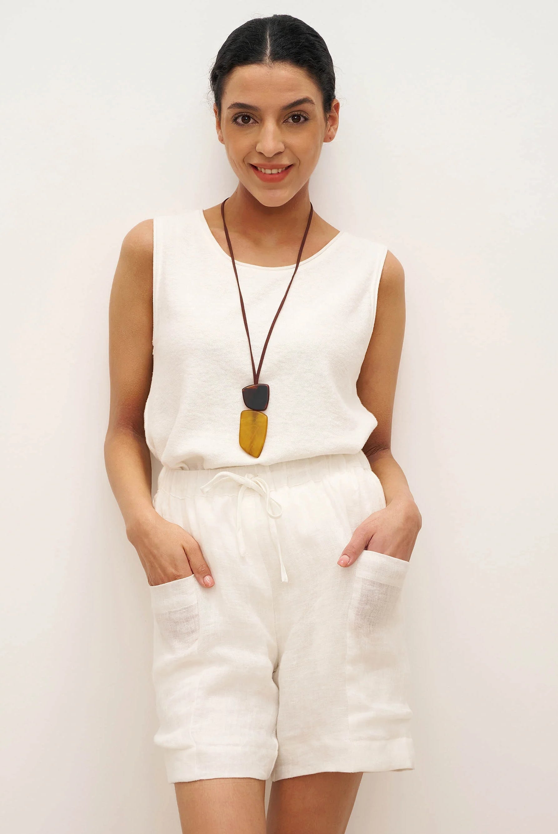 100% Linen Elastic Waist Drawstring Shorts with Pockets DELILAH - BOTTOMS-Linen