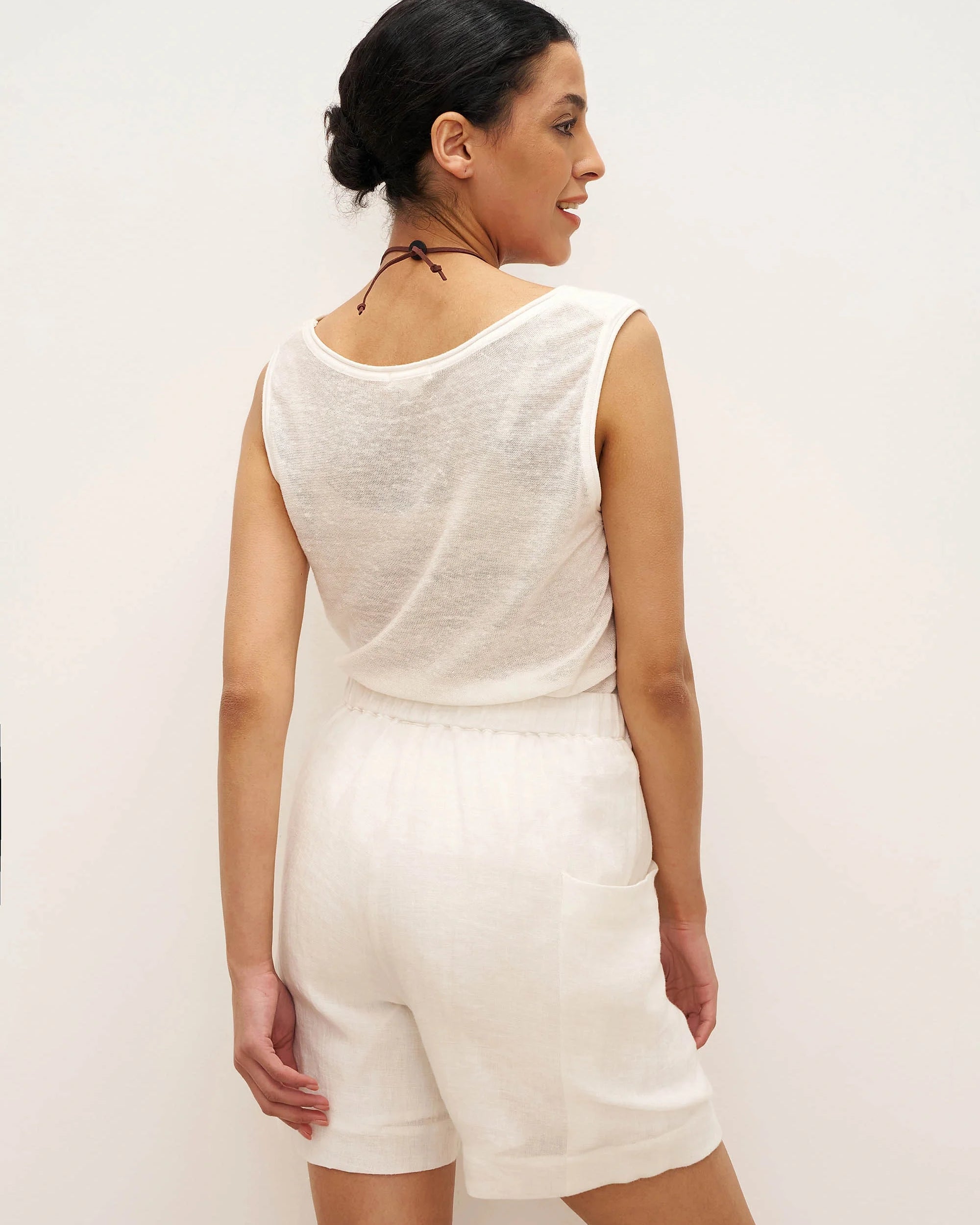 100% Linen Elastic Waist Drawstring Shorts with Pockets DELILAH - BOTTOMS-Linen