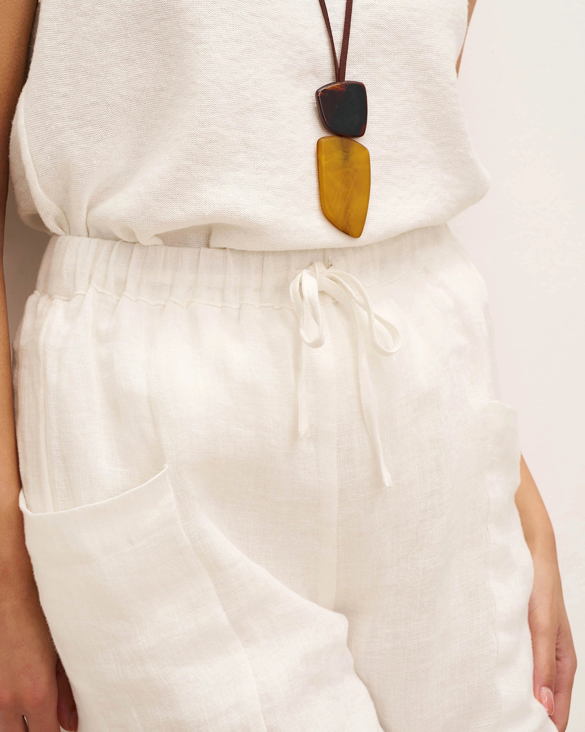 100% Linen Elastic Waist Drawstring Shorts with Pockets DELILAH - BOTTOMS-Linen