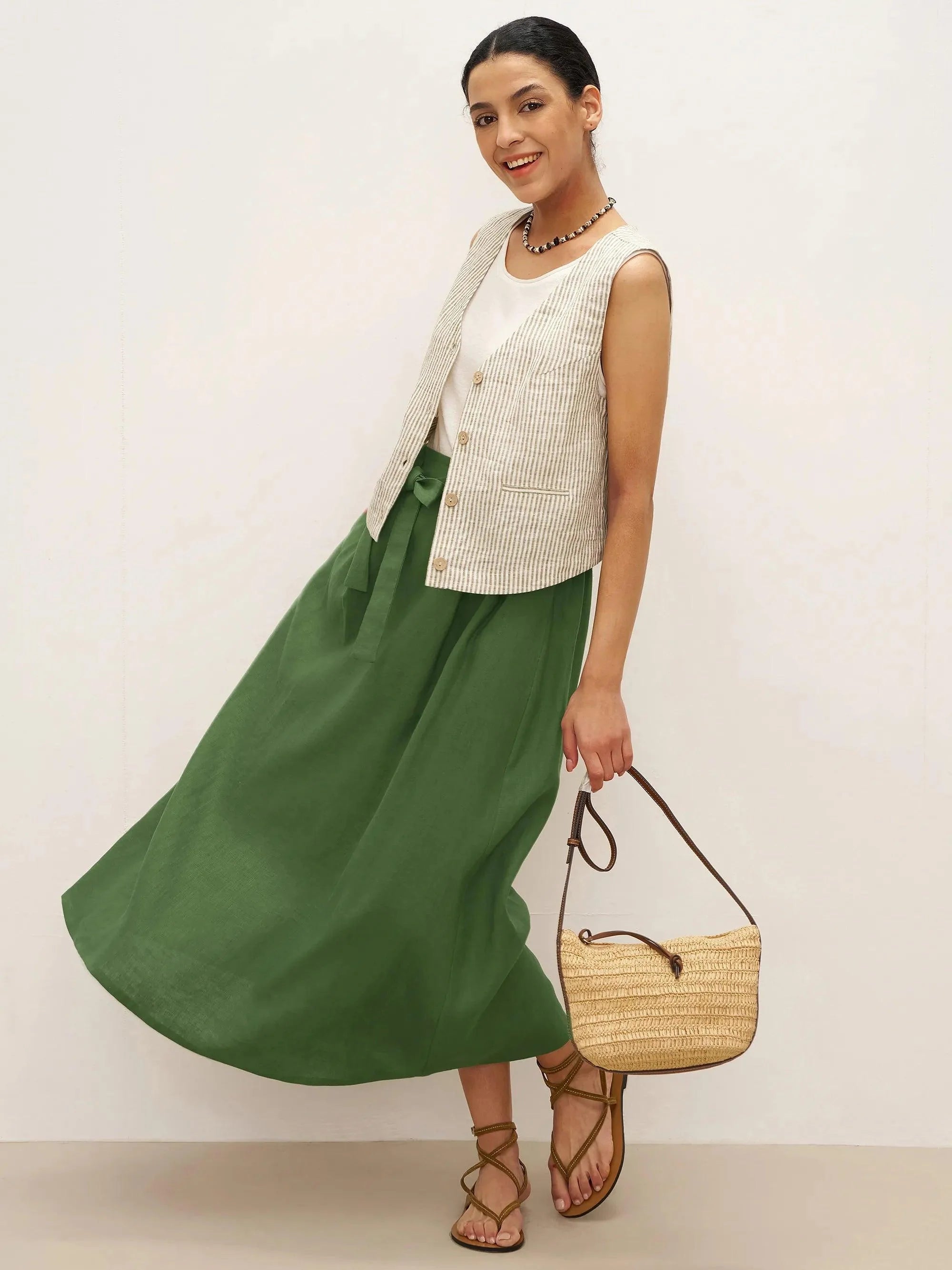 100% Linen A-Line Waist-Tied Skirt LENA - BOTTOMS-Linen Skirts