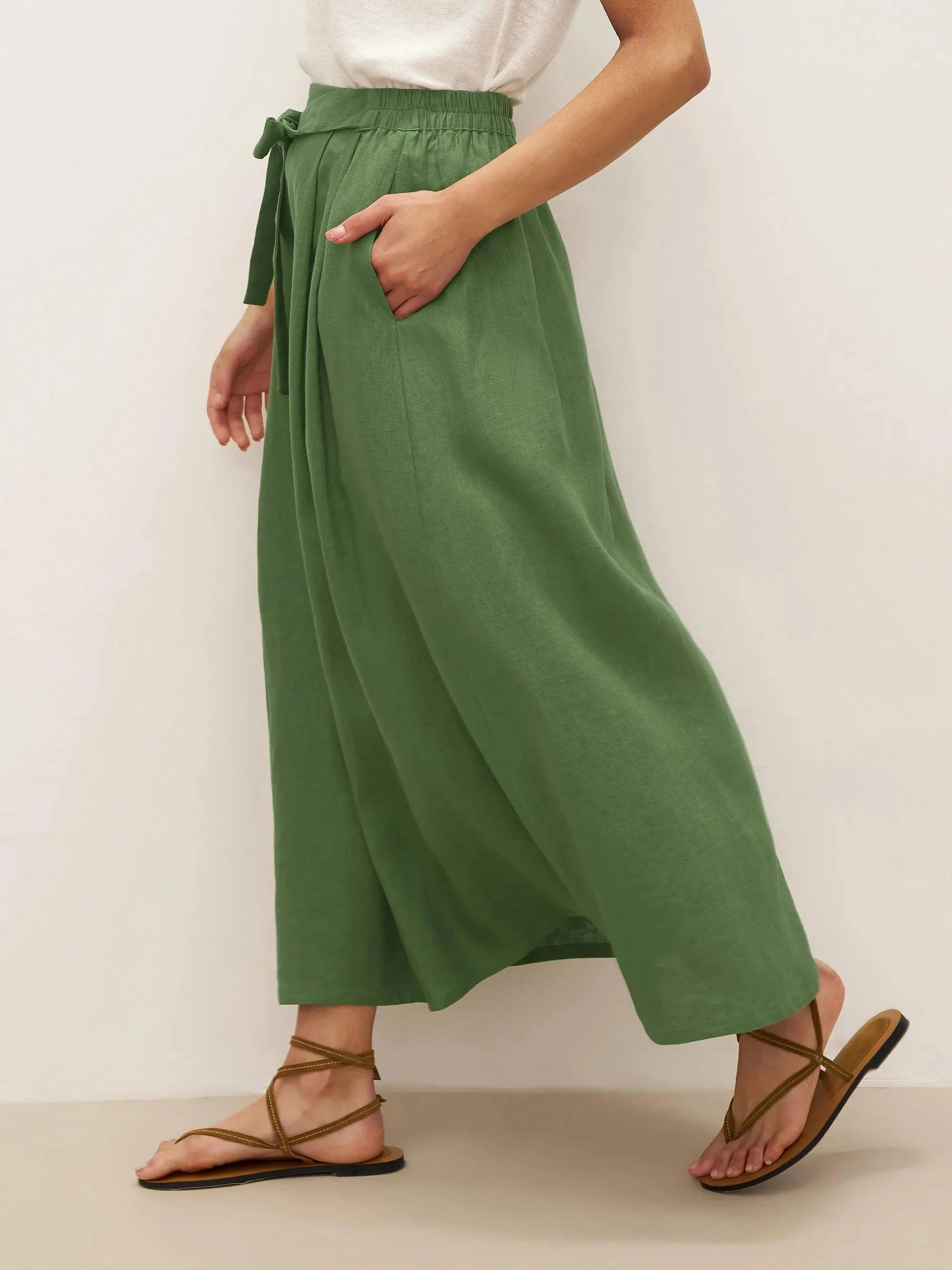 100% Linen A-Line Waist-Tied Skirt LENA - BOTTOMS-Linen Skirts