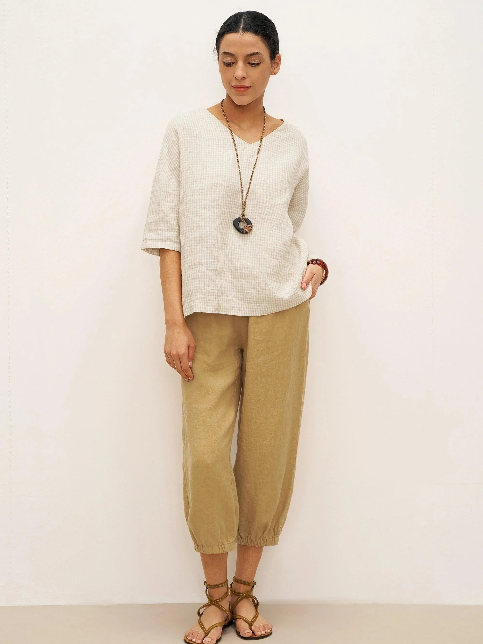 100% Linen Gingham V-Neck 3/4 Length Sleeve Top DORA - TOPS-Linen Blouses