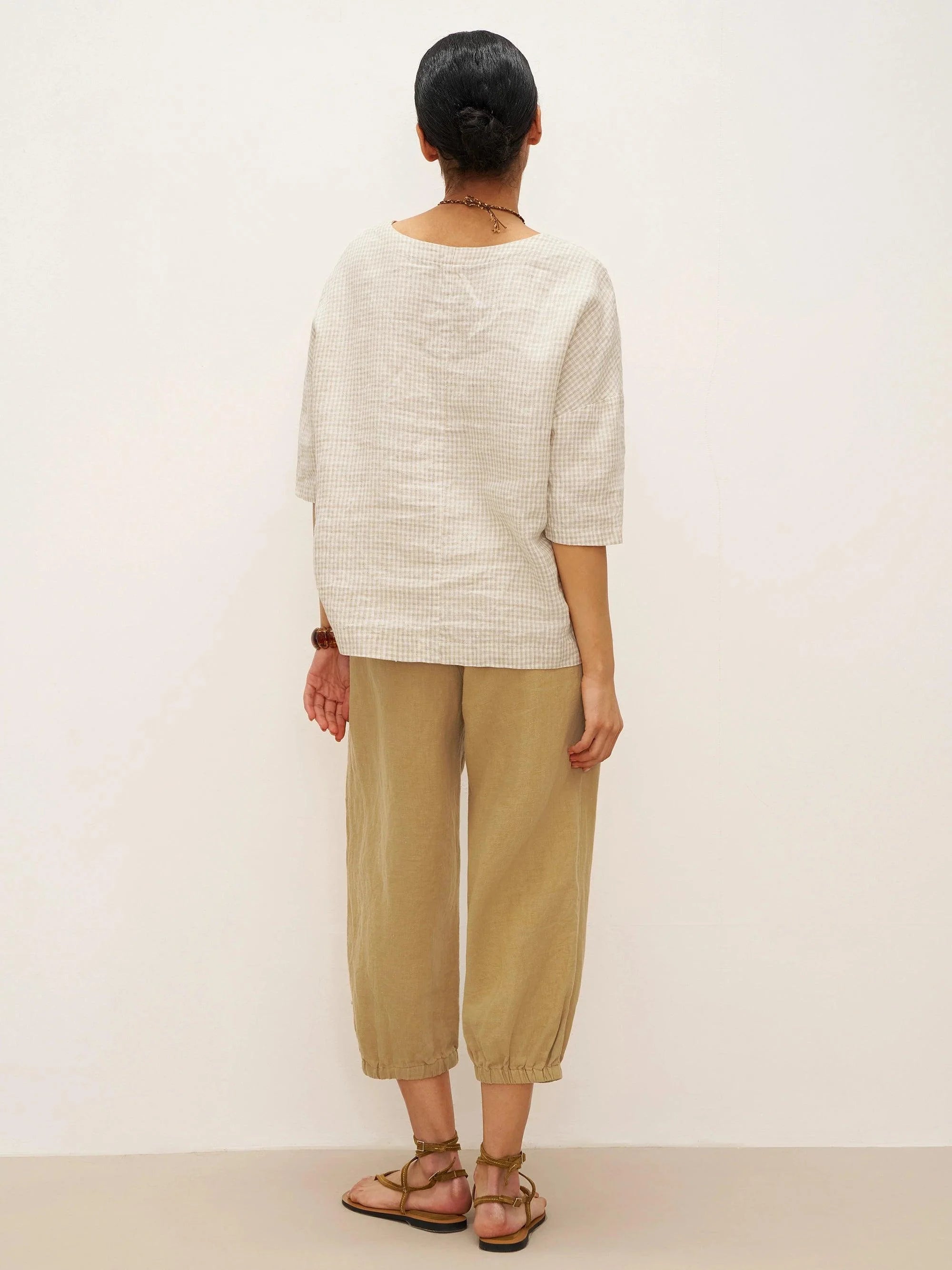 100% Linen Gingham V-Neck 3/4 Length Sleeve Top DORA - TOPS-Linen Blouses