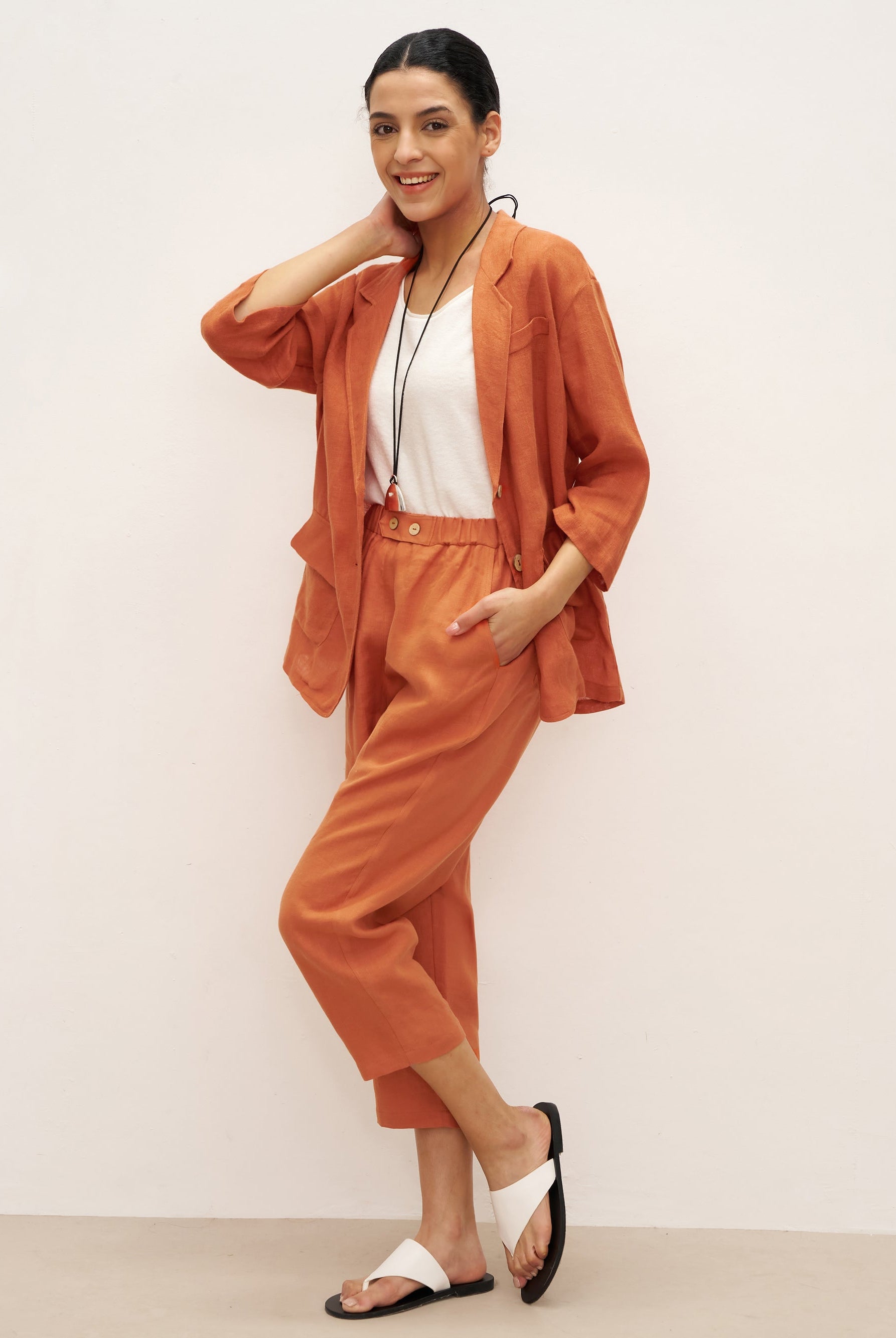 100% Linen 3/4 Sleeve Drop Shoulder Blazer DARA - TOPS-Linen Jackets