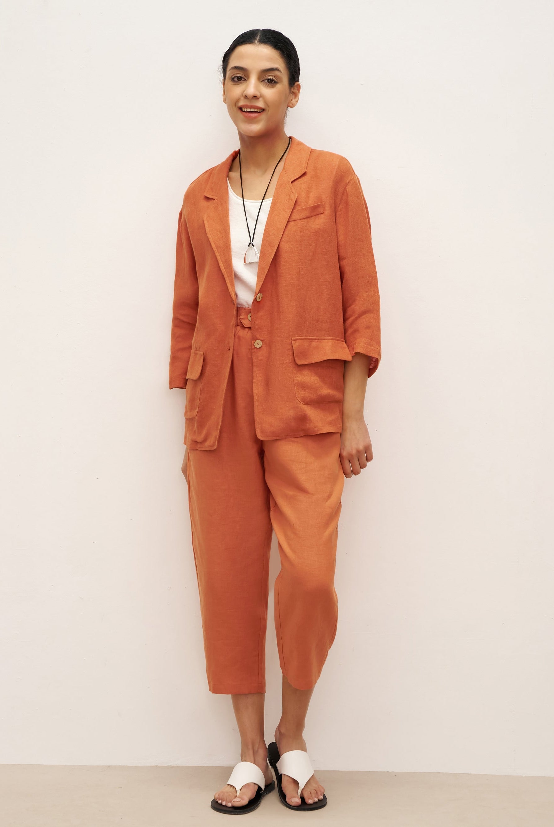 100% Linen 3/4 Sleeve Drop Shoulder Blazer DARA - TOPS-Linen Jackets