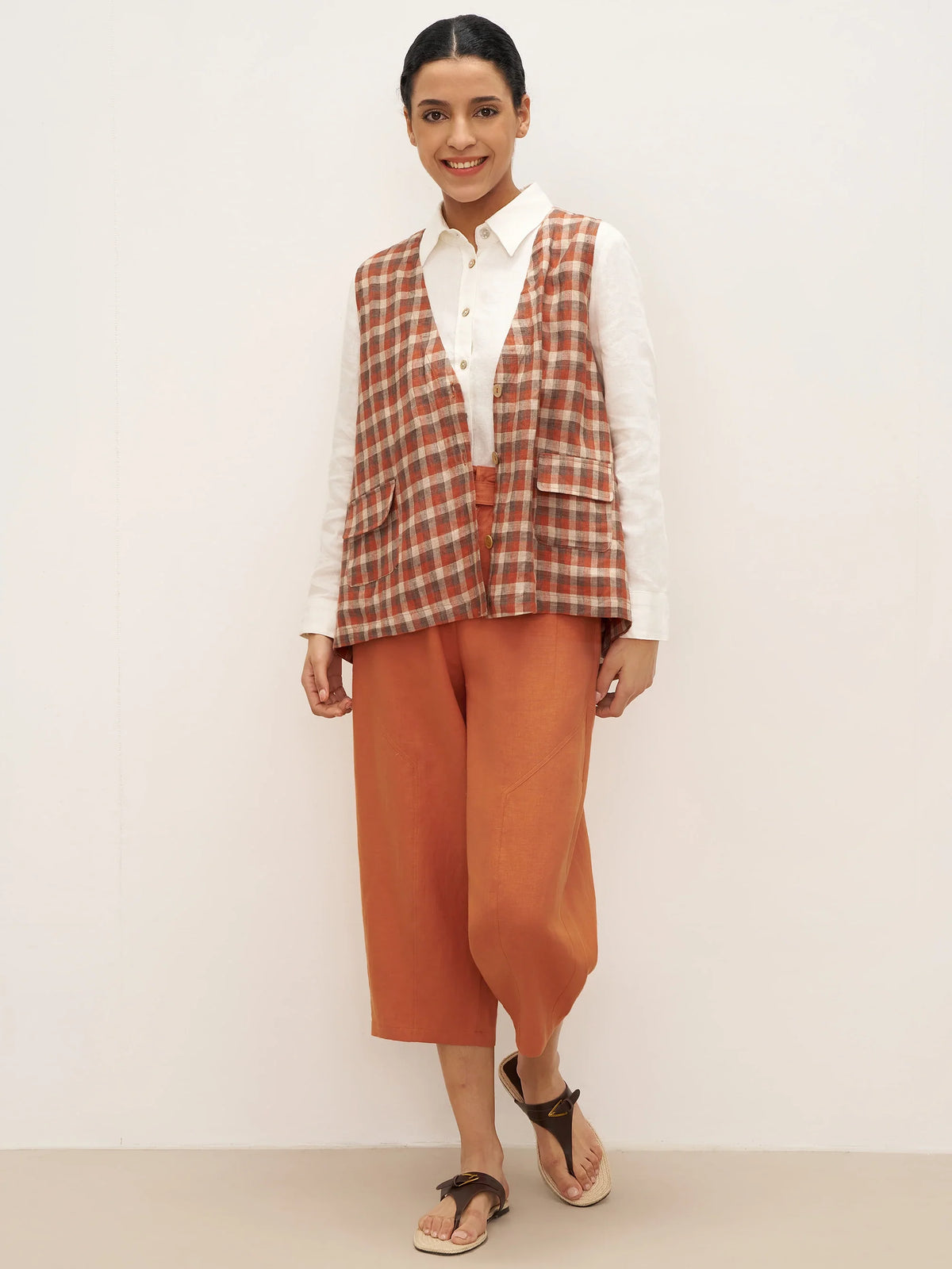 100% Linen V-Neck Checked Oversized Vest DORIS - TOPS-Linen Vests