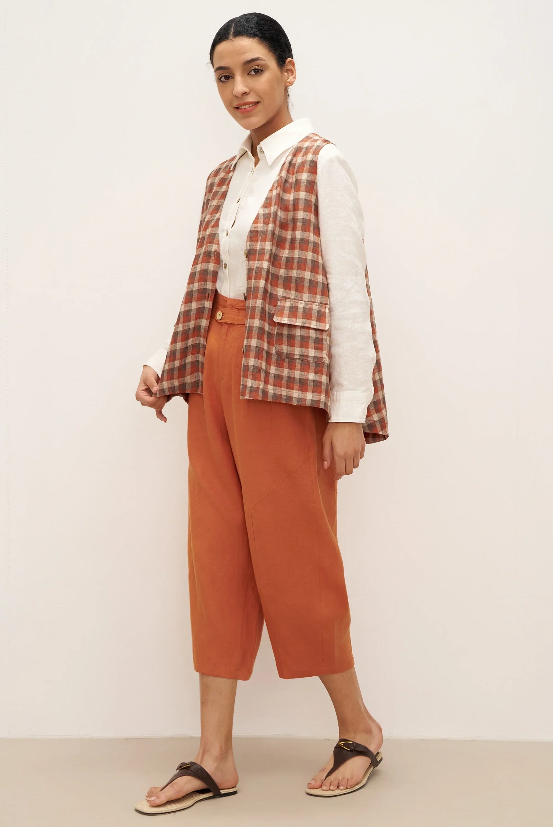 100% Linen V-Neck Checked Oversized Vest DORIS - TOPS-Linen Vests