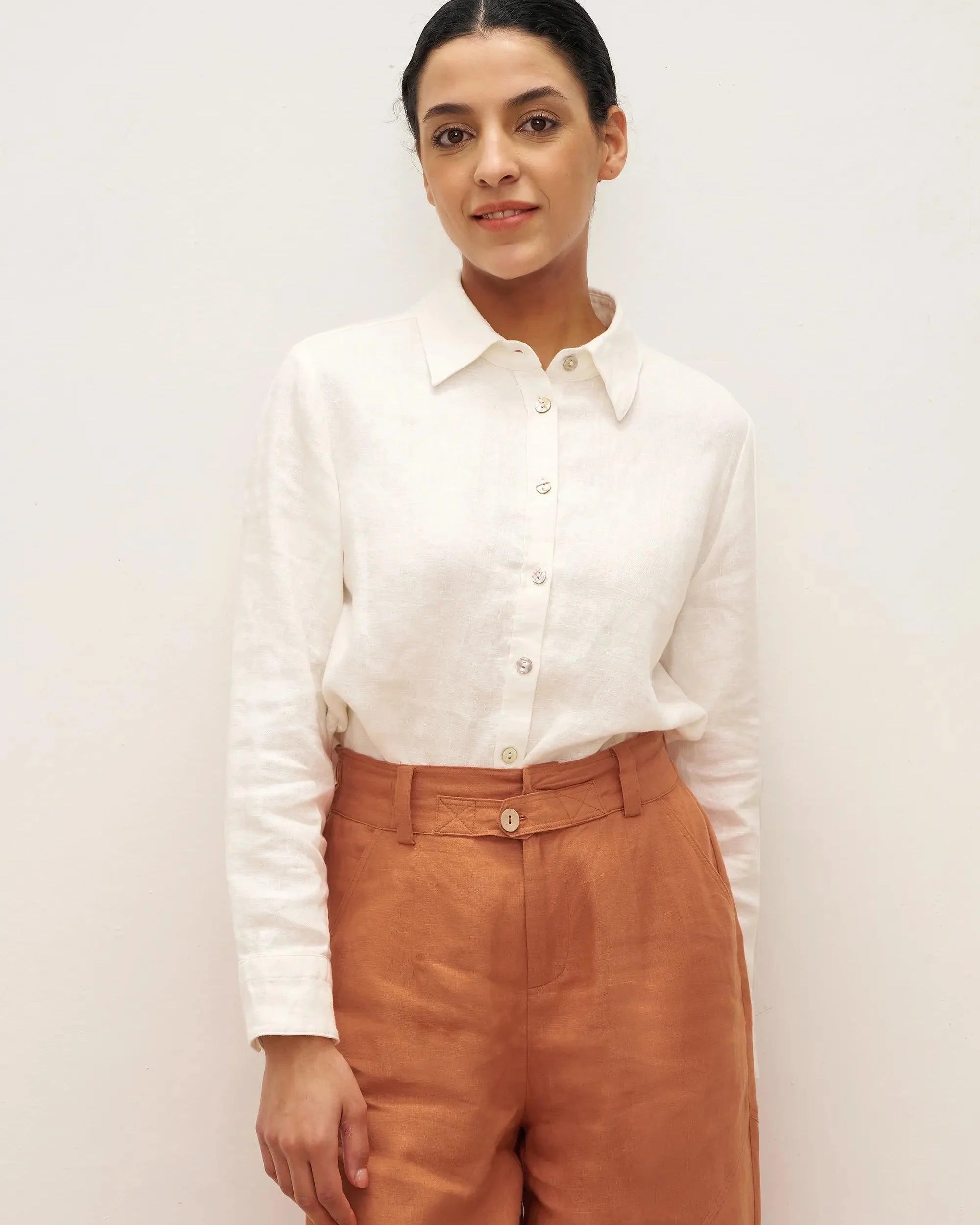 100% Linen Button-Front Shirt with Extended Hem JOVAN - Optic White / S - TOPS-Linen Button Down Shirts