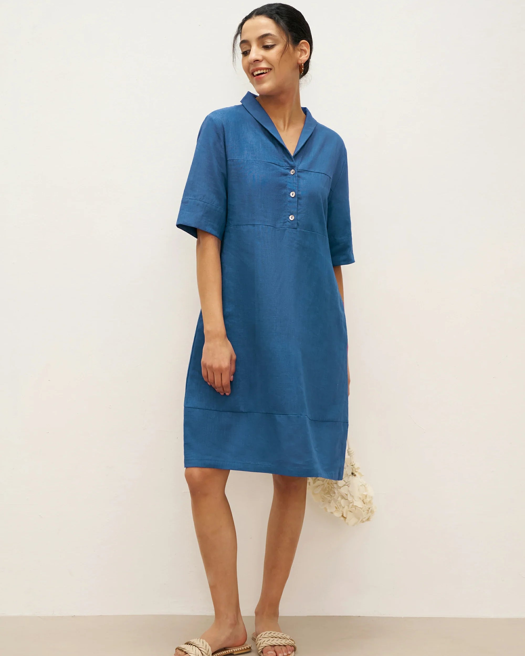 Linen Shawl V-Neck Half Sleeve Minidress LIVIA - Sea Blue / S - DRESSES-Linen Midi