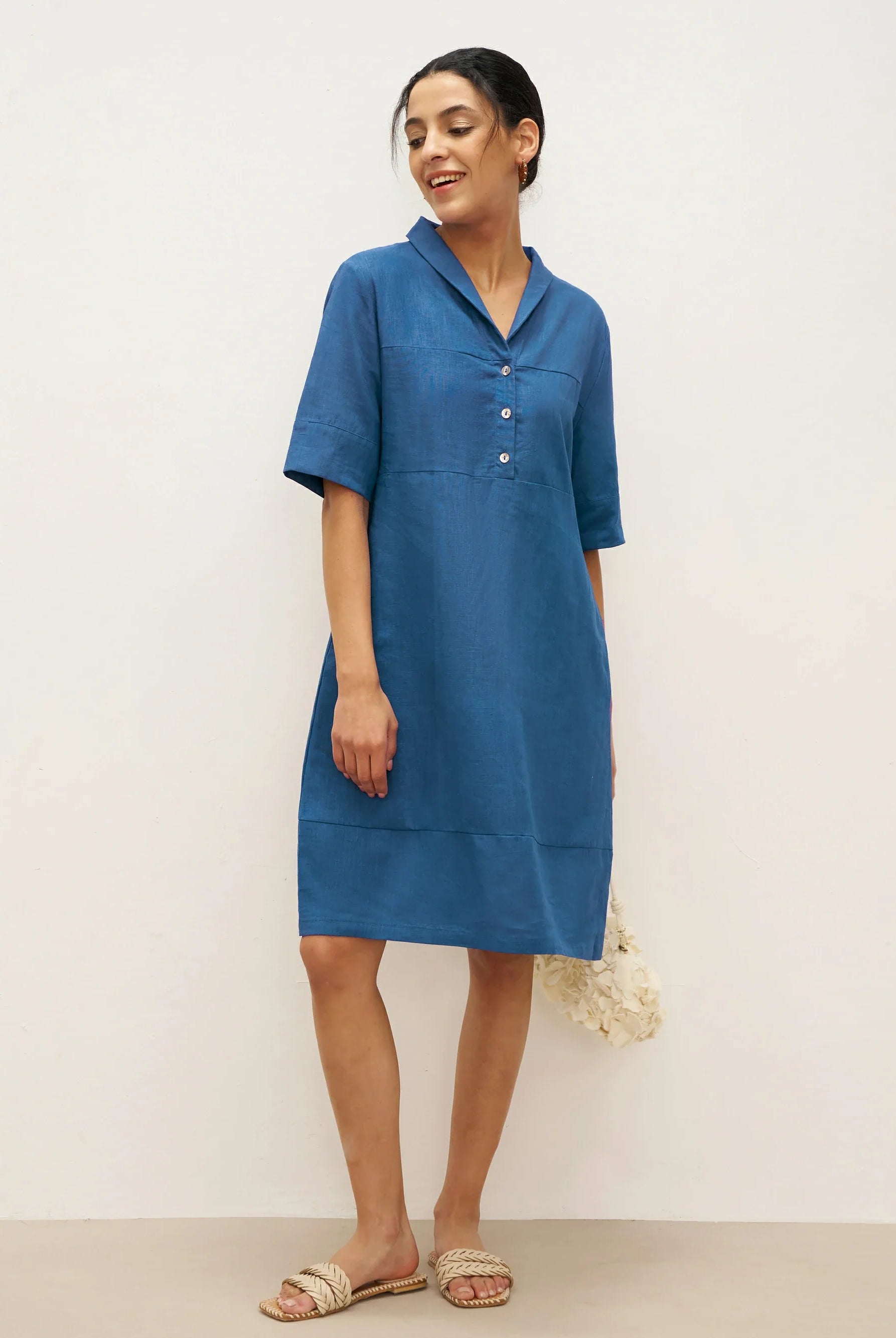 Linen Shawl V-Neck Half Sleeve Minidress LIVIA - Sea Blue / S - DRESSES-Linen Midi