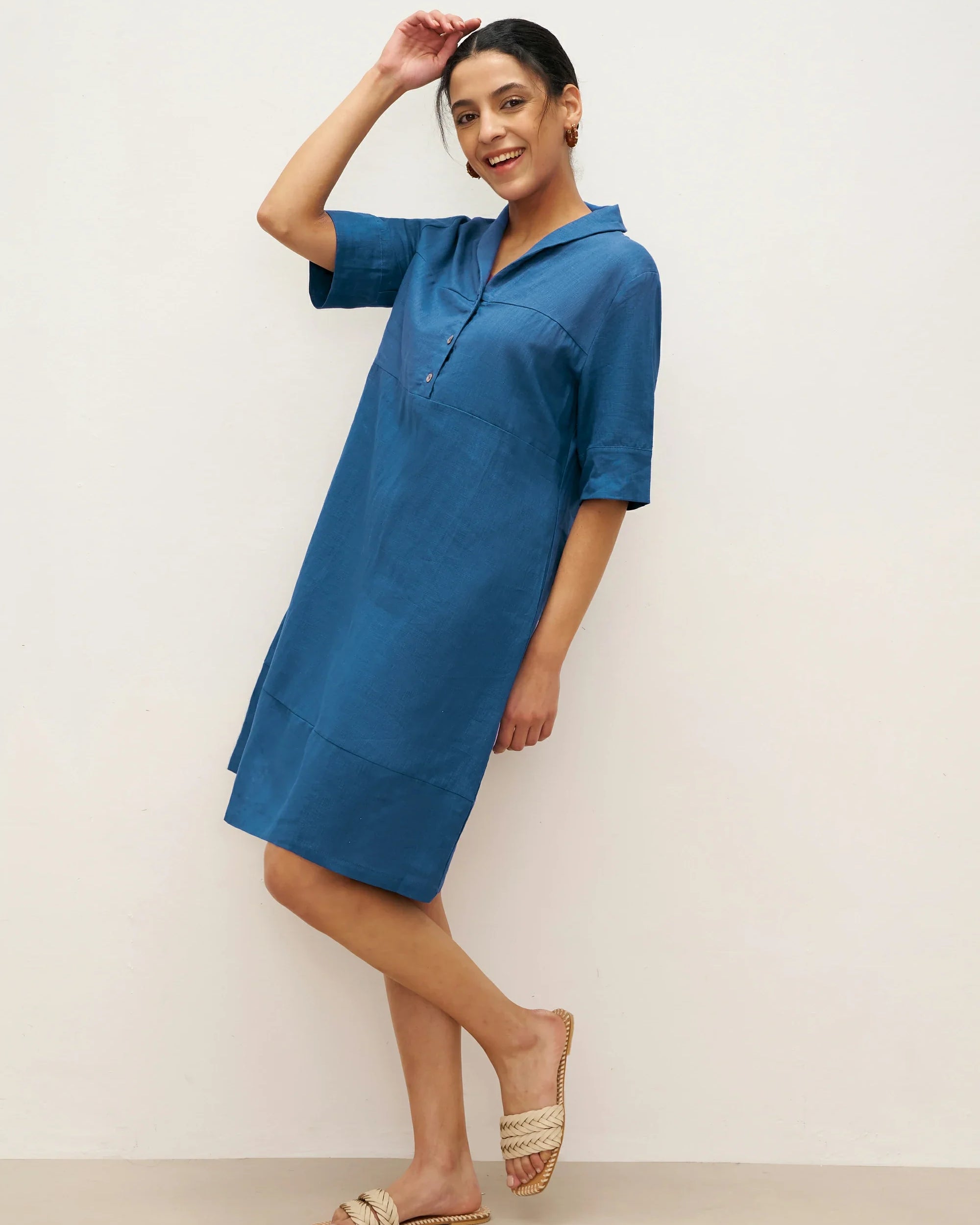Linen Shawl V-Neck Half Sleeve Minidress LIVIA - DRESSES-Linen Midi