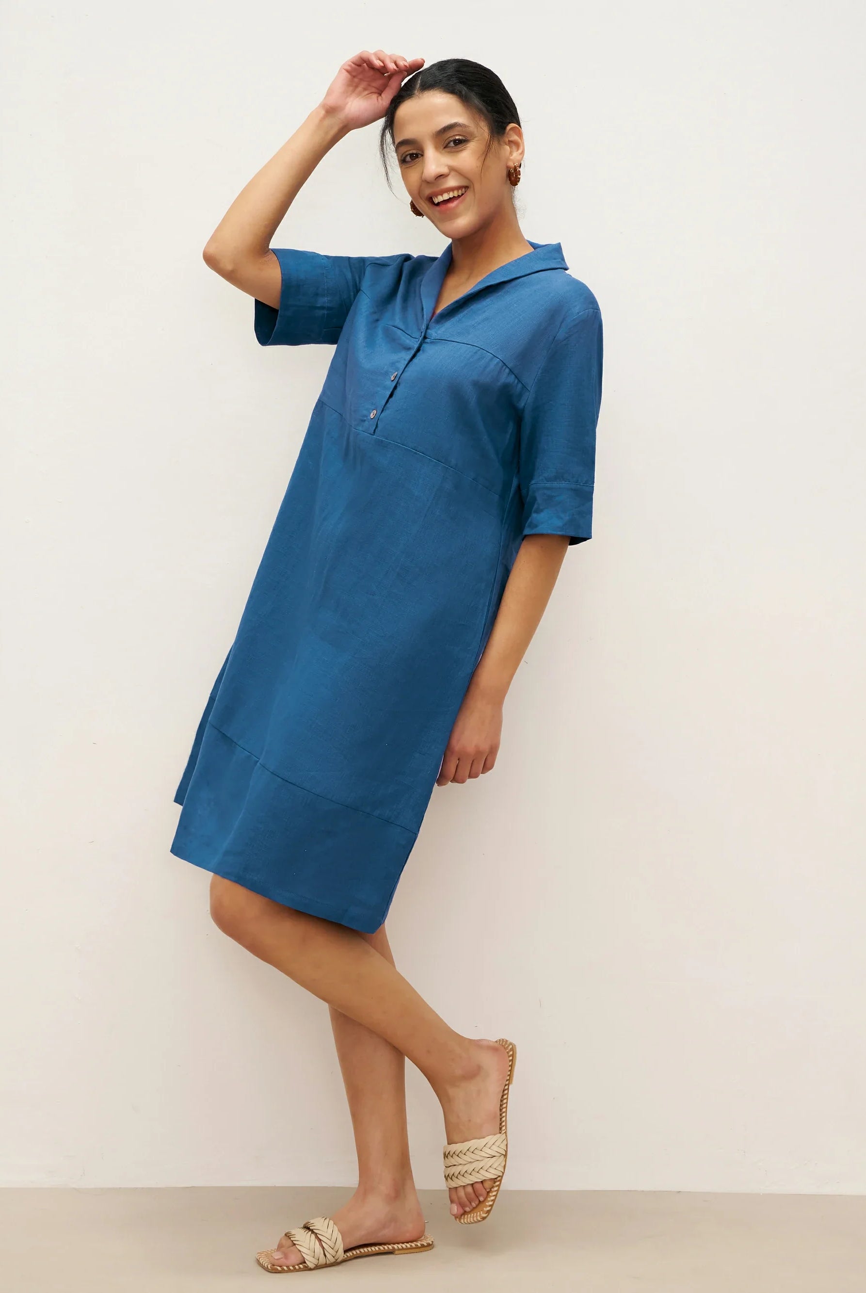 Linen Shawl V-Neck Half Sleeve Minidress LIVIA - DRESSES-Linen Midi