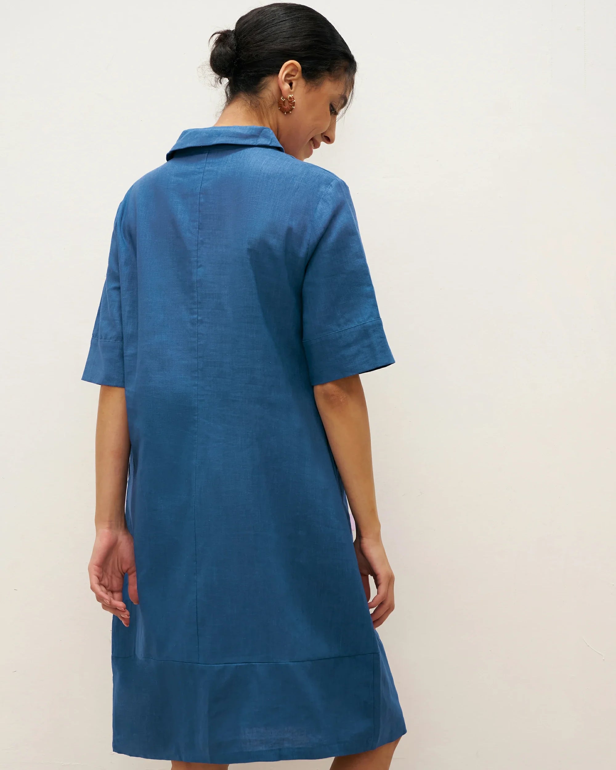 Linen Shawl V-Neck Half Sleeve Minidress LIVIA - DRESSES-Linen Midi
