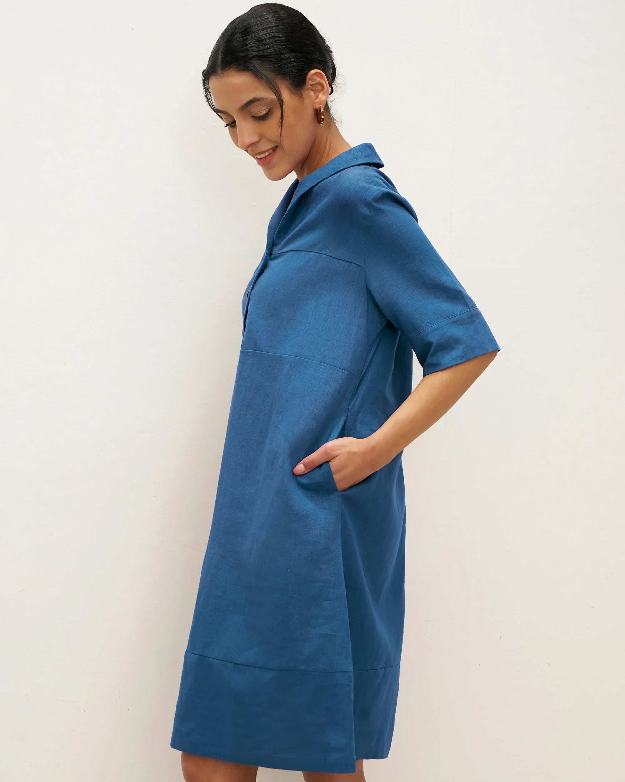 Linen Shawl V-Neck Half Sleeve Minidress LIVIA - DRESSES-Linen Midi