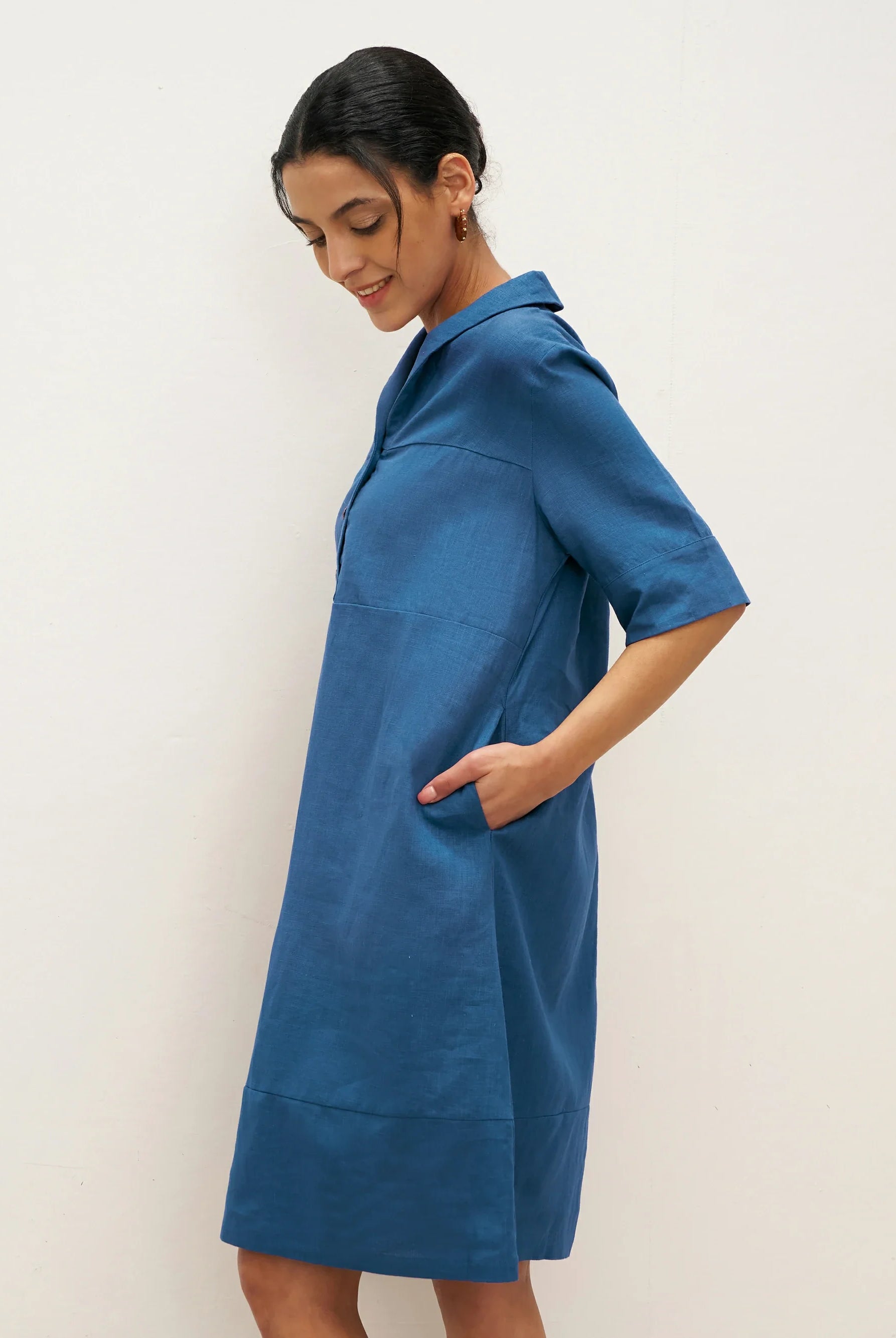 Linen Shawl V-Neck Half Sleeve Minidress LIVIA - DRESSES-Linen Midi