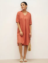 Robe 100% lin longueur genou à plis devant - Orange soleil / S - ROBES-Robes midi en lin