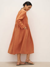 100% Linen Long Sleeve Waist-Ruffle Smock Midi Dress DANY - DRESSES-Linen
