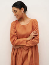 100% Linen Long Sleeve Waist-Ruffle Smock Midi Dress DANY - DRESSES-Linen