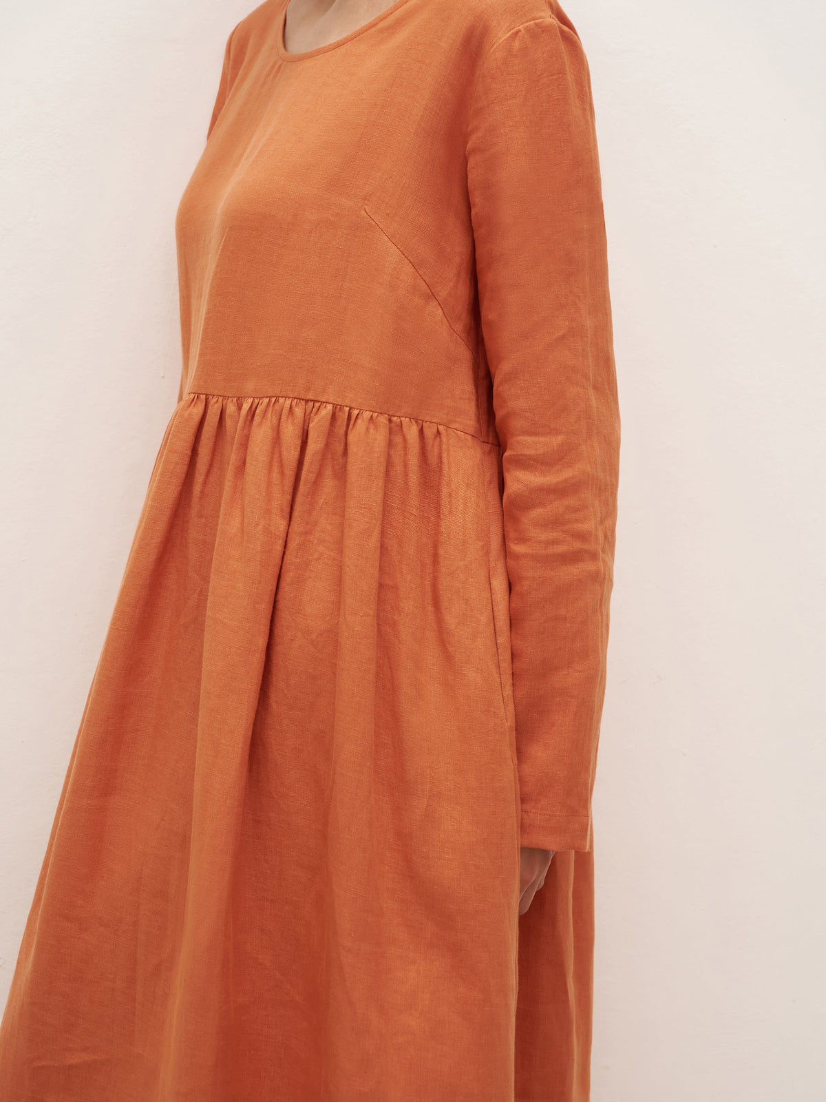 100% Linen Long Sleeve Waist-Ruffle Smock Midi Dress DANY - DRESSES-Linen