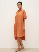 100% Linen Short Sleeve Button-Deco Shirt Dress DORIS - Burnt Orange / S - DRESSES-Linen Midi