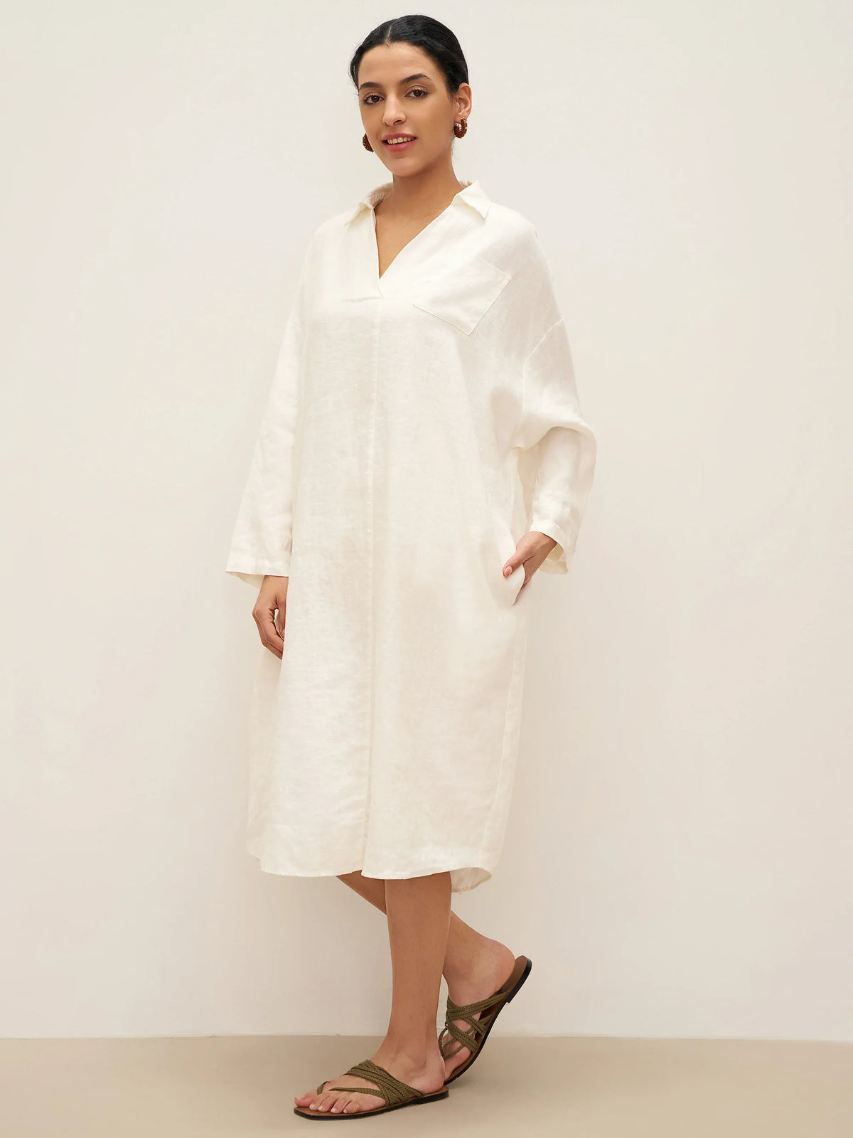 100% Linen Oversized Pullover Shirt Dress JOVITA - DRESSES-Linen Midi