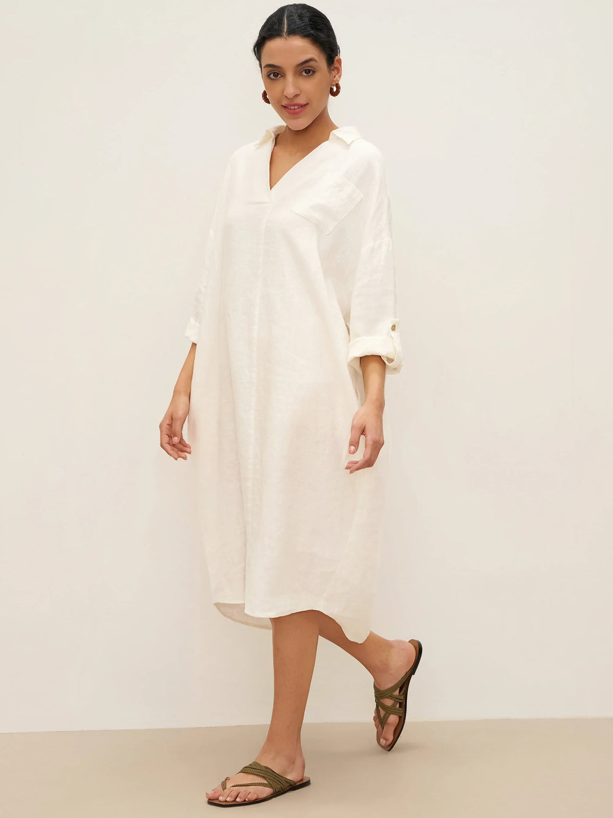 100% Linen Oversized Pullover Shirt Dress JOVITA - Optic White / S - DRESSES-Linen Midi