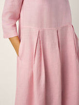 100% Linen Crescent Neck Decorative Button Waist Pleated Midi Dress GWENYTH by LINTICO for women