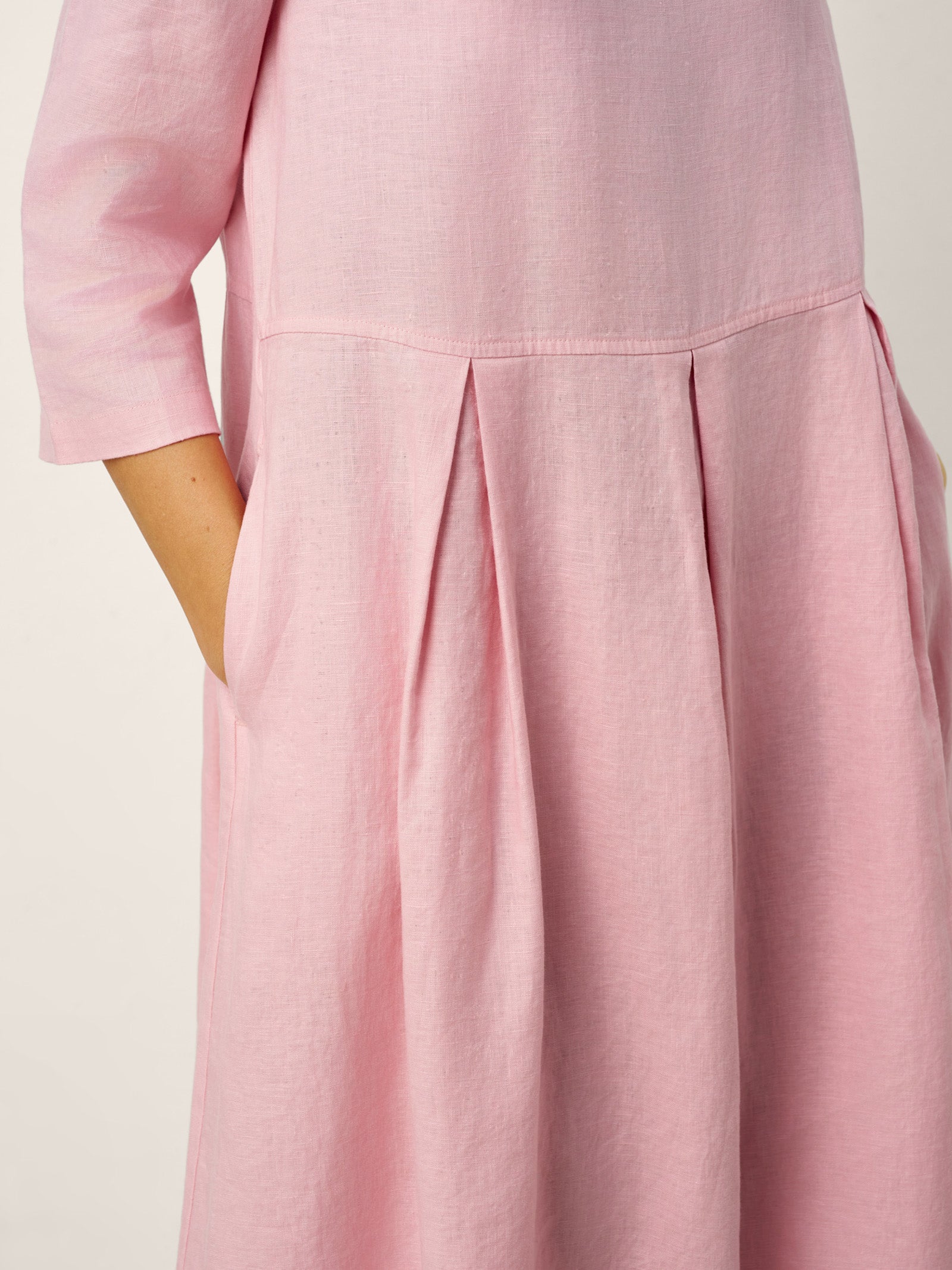 100% Linen Crescent Neck Decorative Button Waist Pleated Midi Dress GWENYTH by LINTICO for women