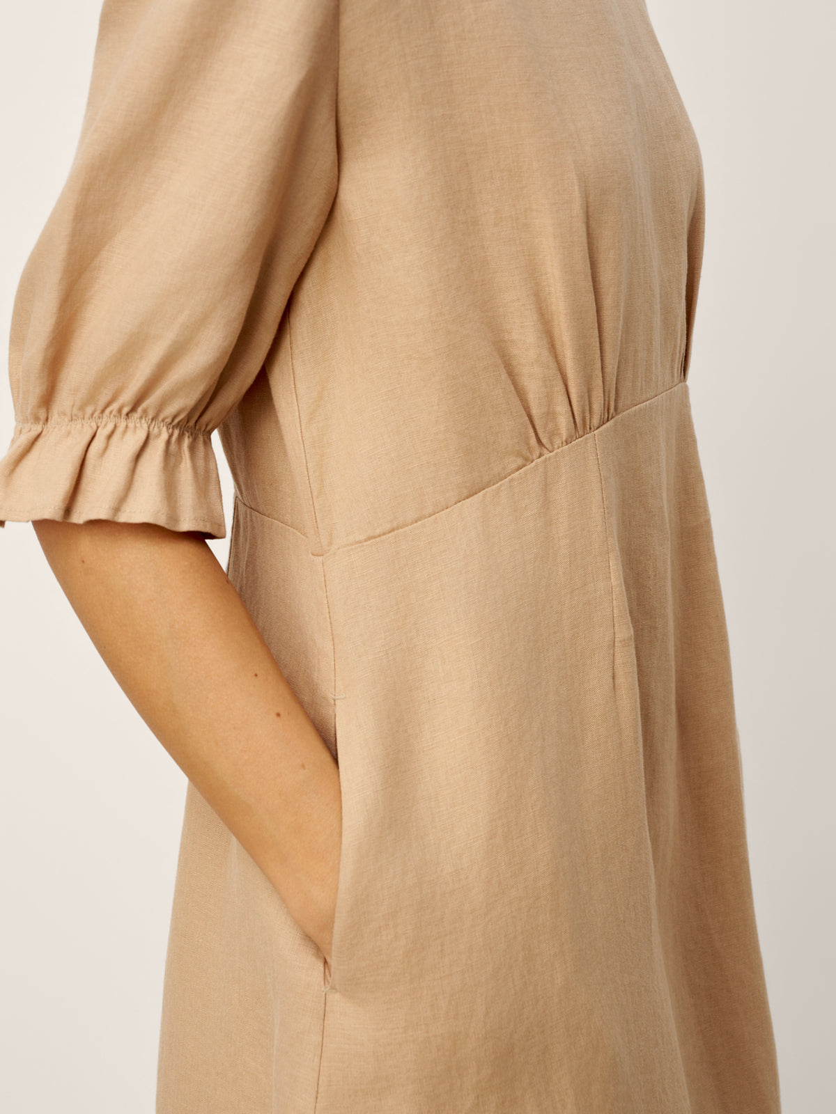 100% Linen Round Neck High Waist Ruffle Sleeve Maxi Dress ZEPHYRA by LINTICO for women
