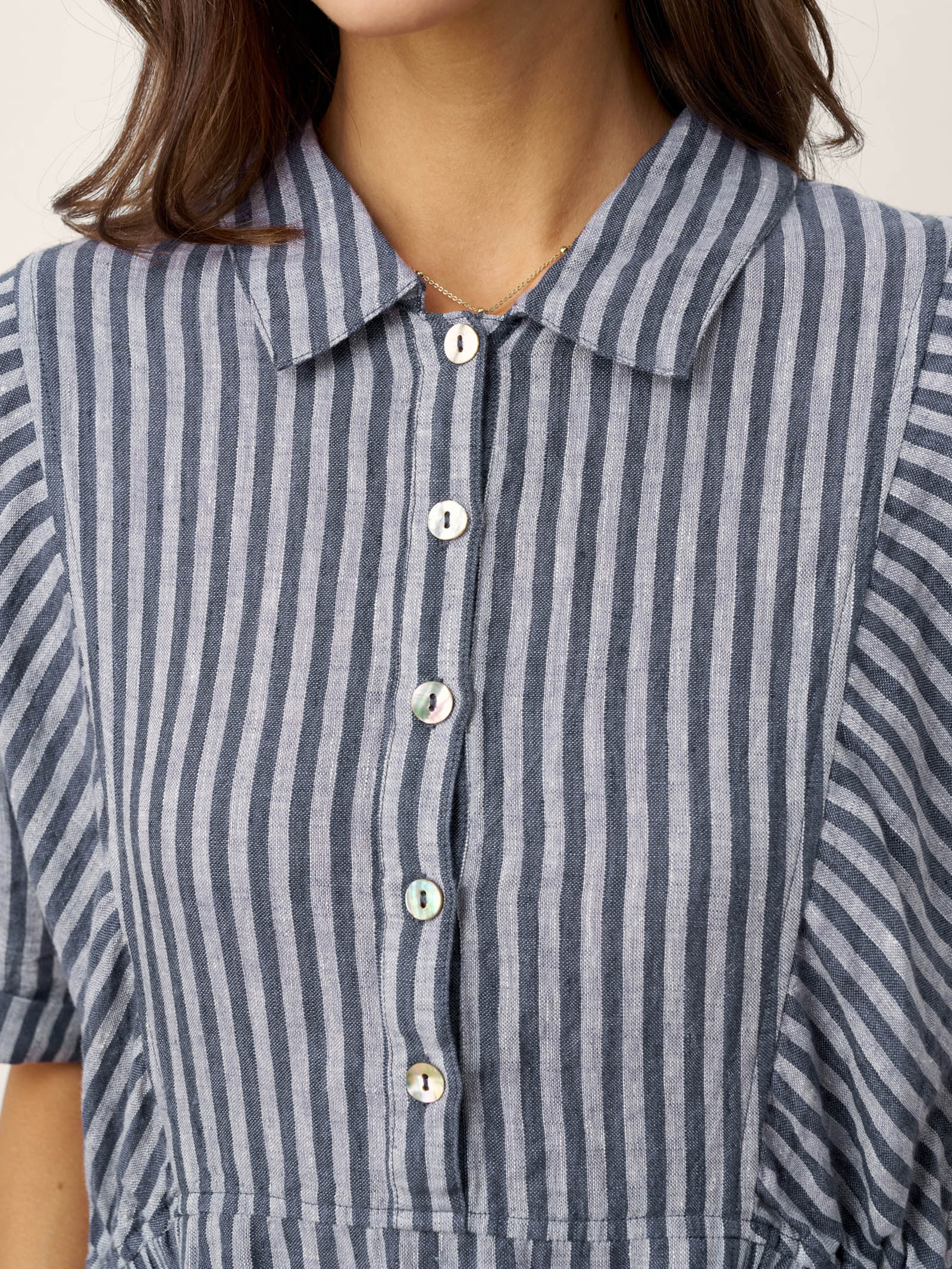 100% Linen Striped Buttoned Front Short Sleeve Midi Shirt Dress CASSANDRA by LINTICO for women